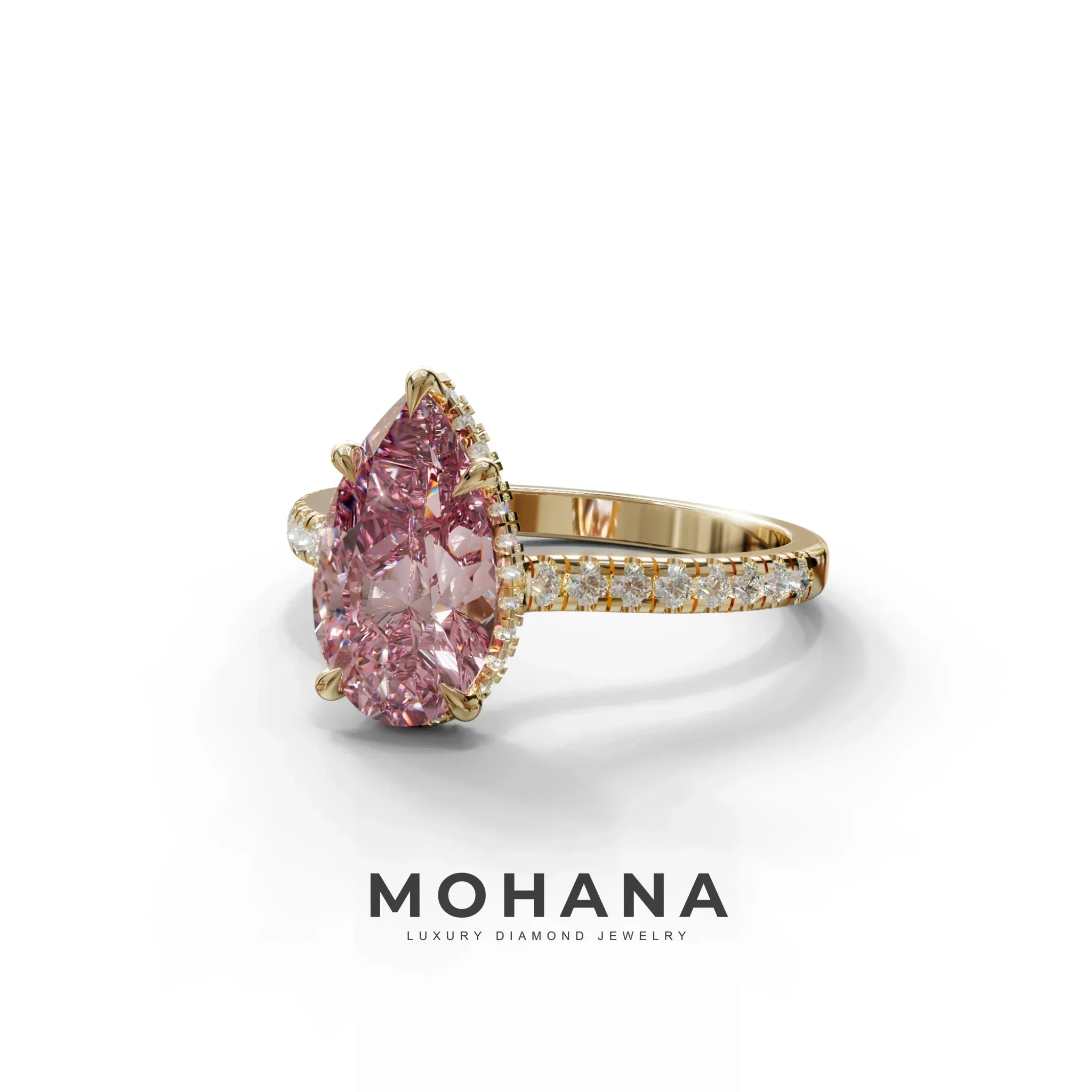 3 Carat Pink Pear Cut Hidden Halo & Pave Set Lab Diamond Ring - Eblouissant