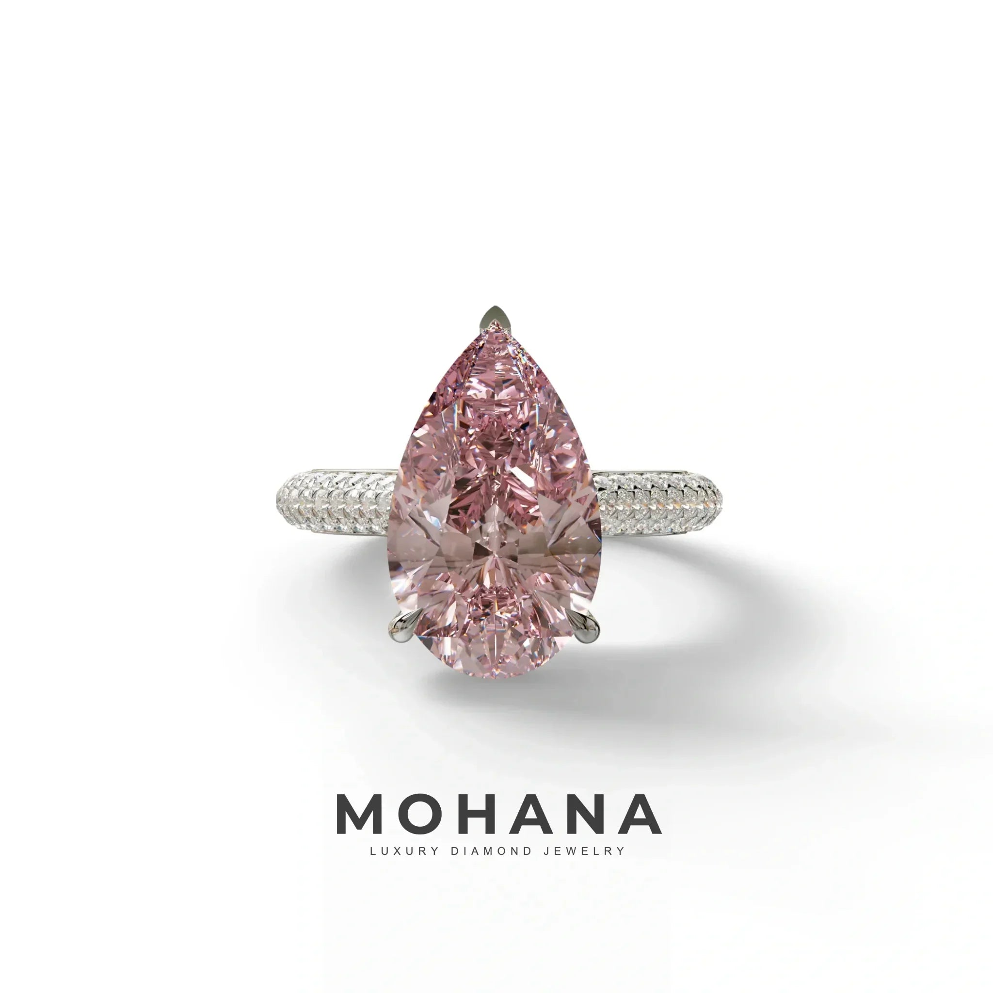 3 Carat Pink Pear Shaped Hidden Halo Lab Diamond Engagement Ring - Alina - 10K Solid Gold / White Gold