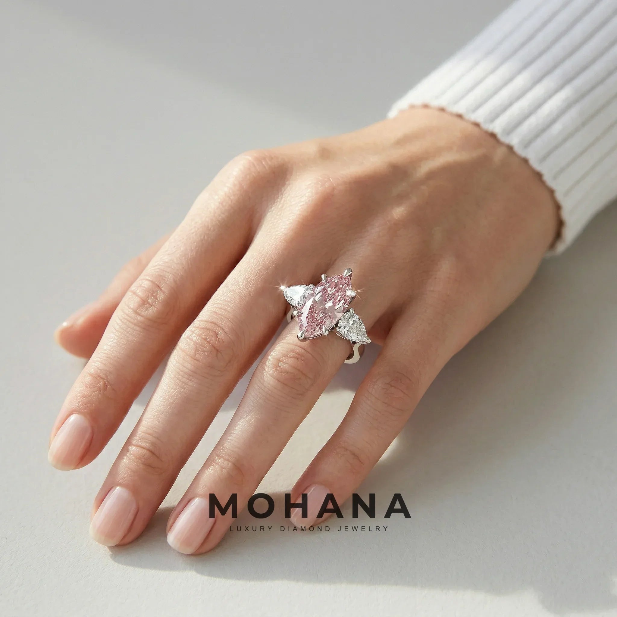 3 Carat Fancy Pink Marquise & Pear Cut Three Stone Lab Grown Diamond Engagement Ring