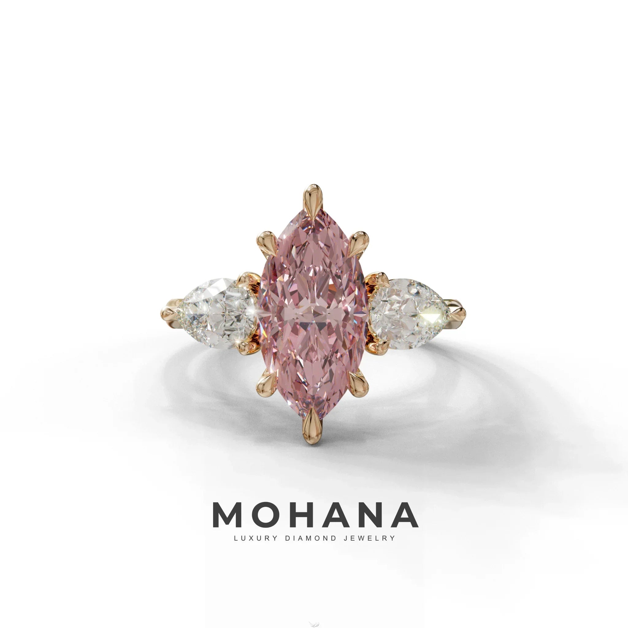 3 Carat Fancy Pink Marquise & Pear Cut Three Stone Lab Grown Diamond Engagement Ring - 10K Solid Gold / Rose Gold