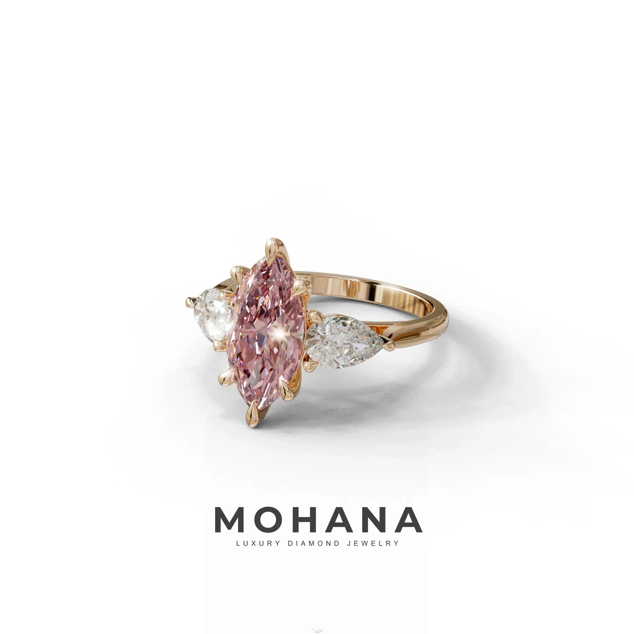 3 Carat Fancy Pink Marquise & Pear Cut Three Stone Lab Grown Diamond Engagement Ring