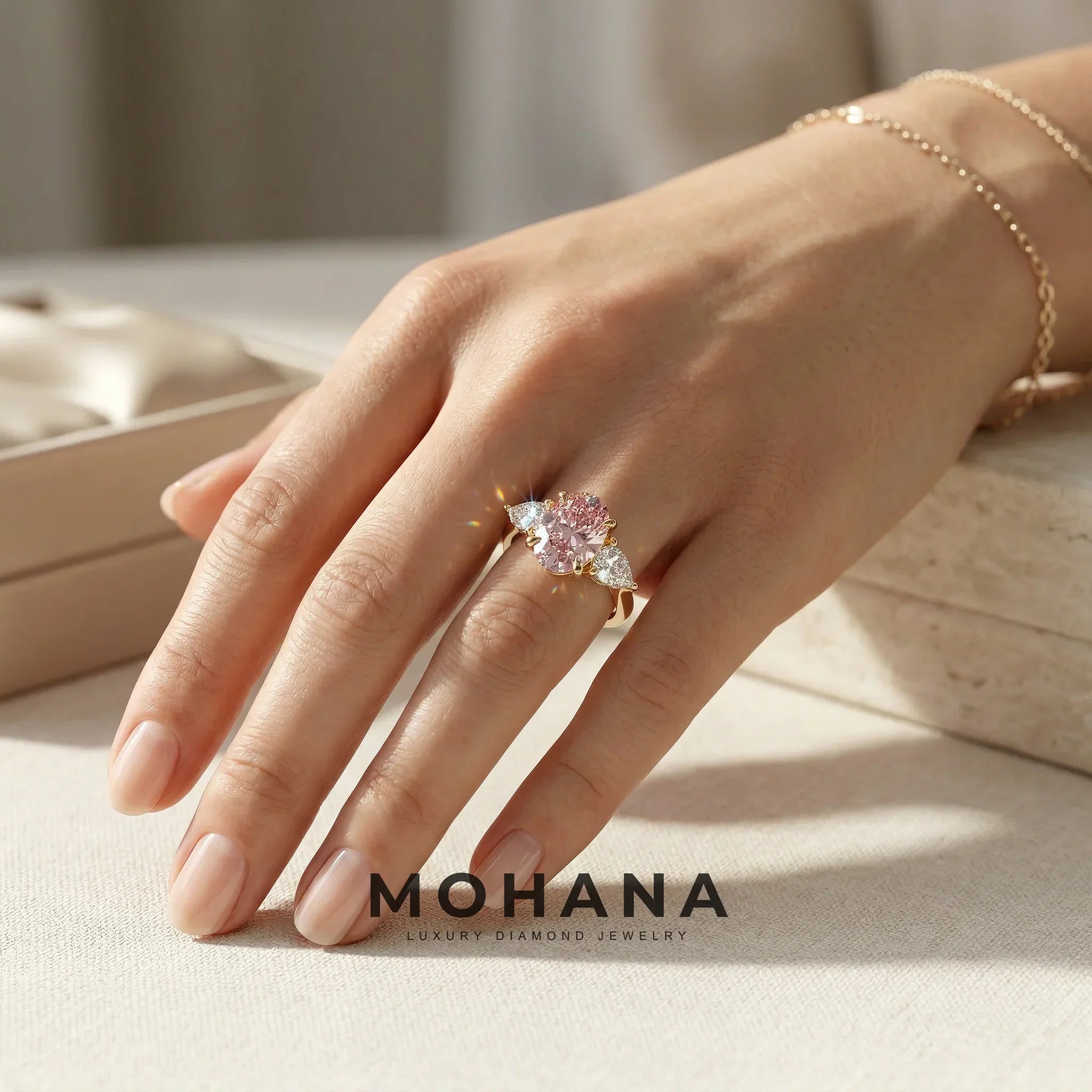 3 Carat Fancy Pink Oval & Pear Cut Three Stone Lab Diamond Ring – 10K 14K 18K Gold