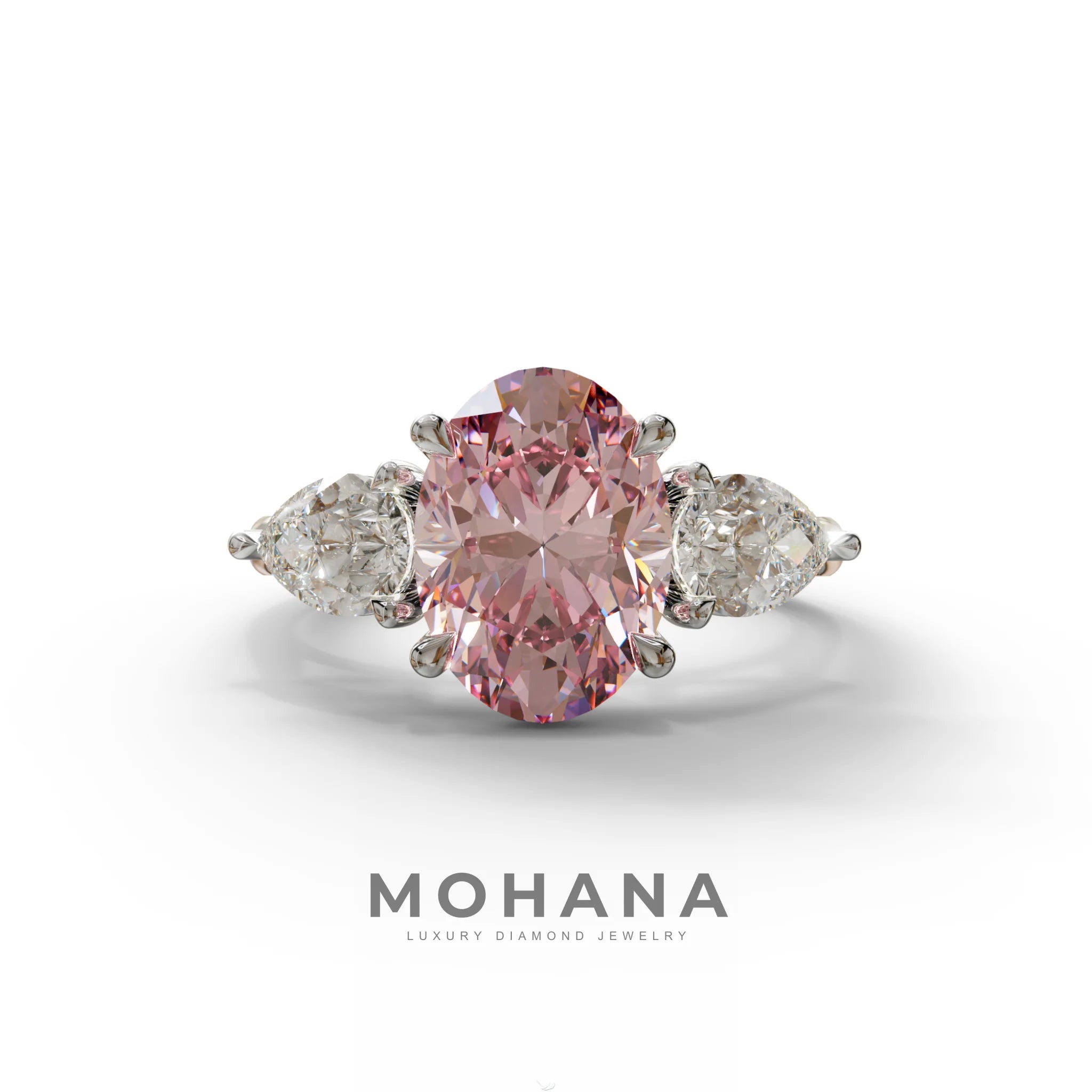 3 Carat Fancy Pink Oval & Pear Cut Three Stone Lab Diamond Ring – 10K 14K 18K Gold - 10K Solid Gold / White Gold