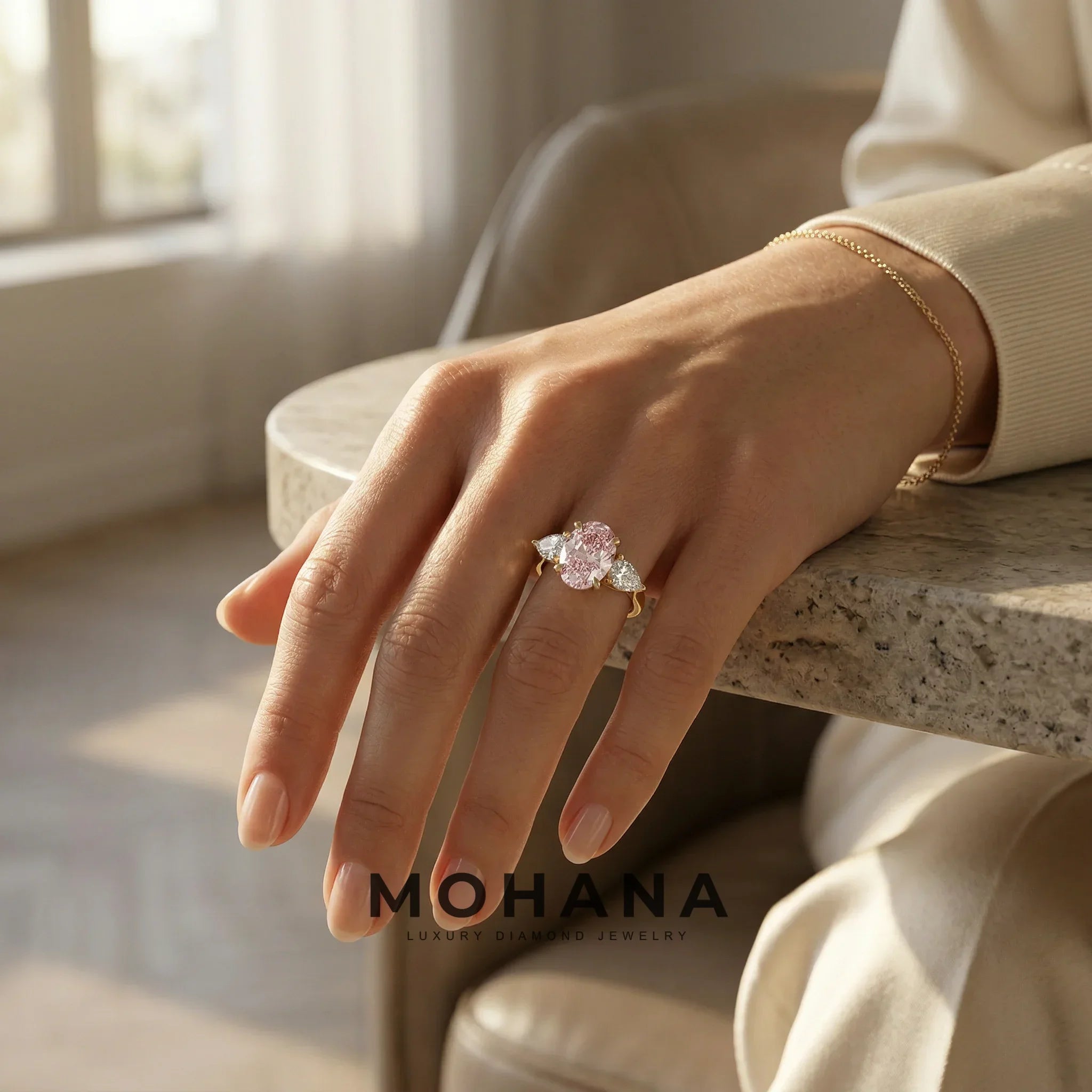 3 Carat Fancy Pink Oval & Pear Cut Three Stone Lab Diamond Ring – 10K 14K 18K Gold