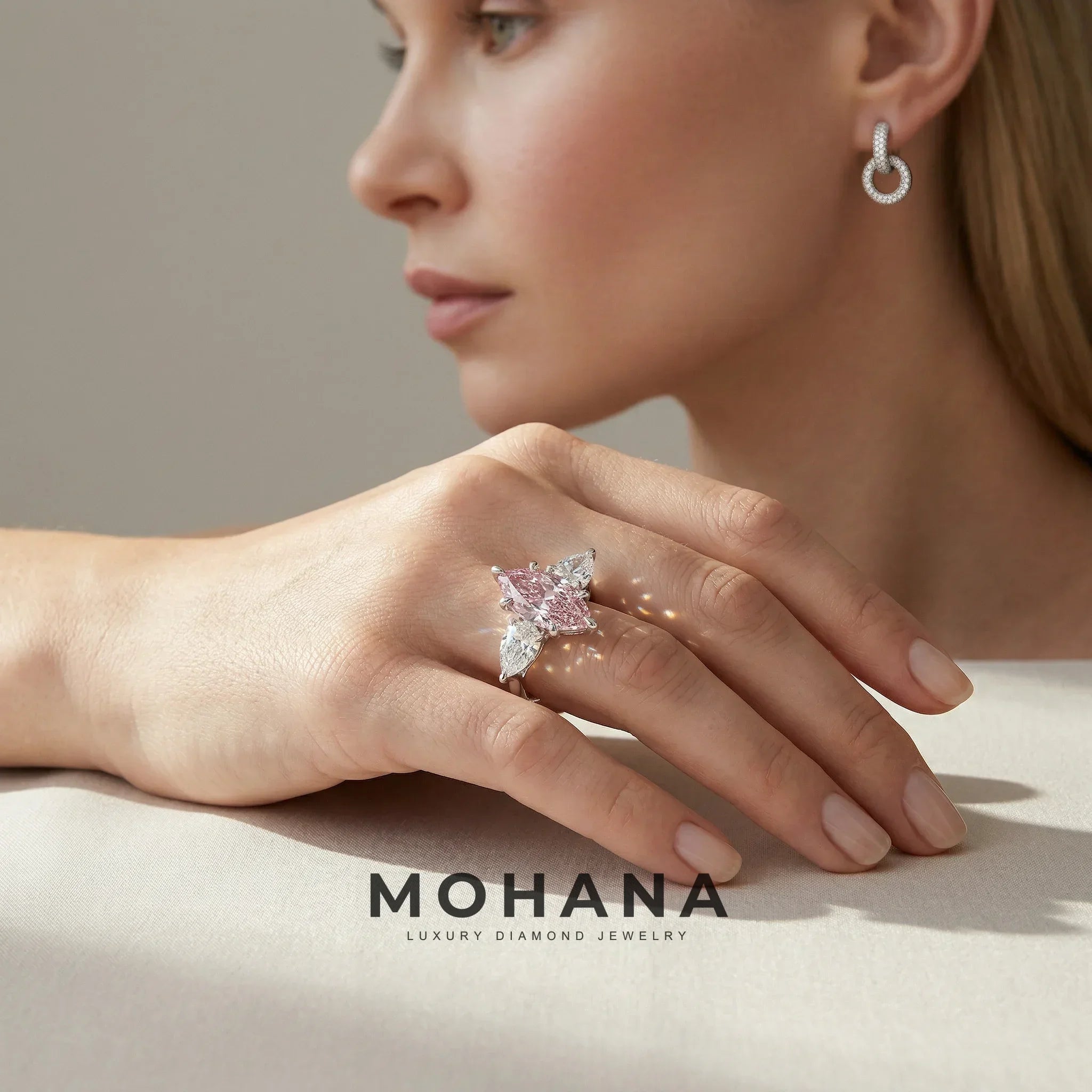 3 Carat Fancy Pink Marquise & Pear Cut Three Stone Lab Grown Diamond Engagement Ring