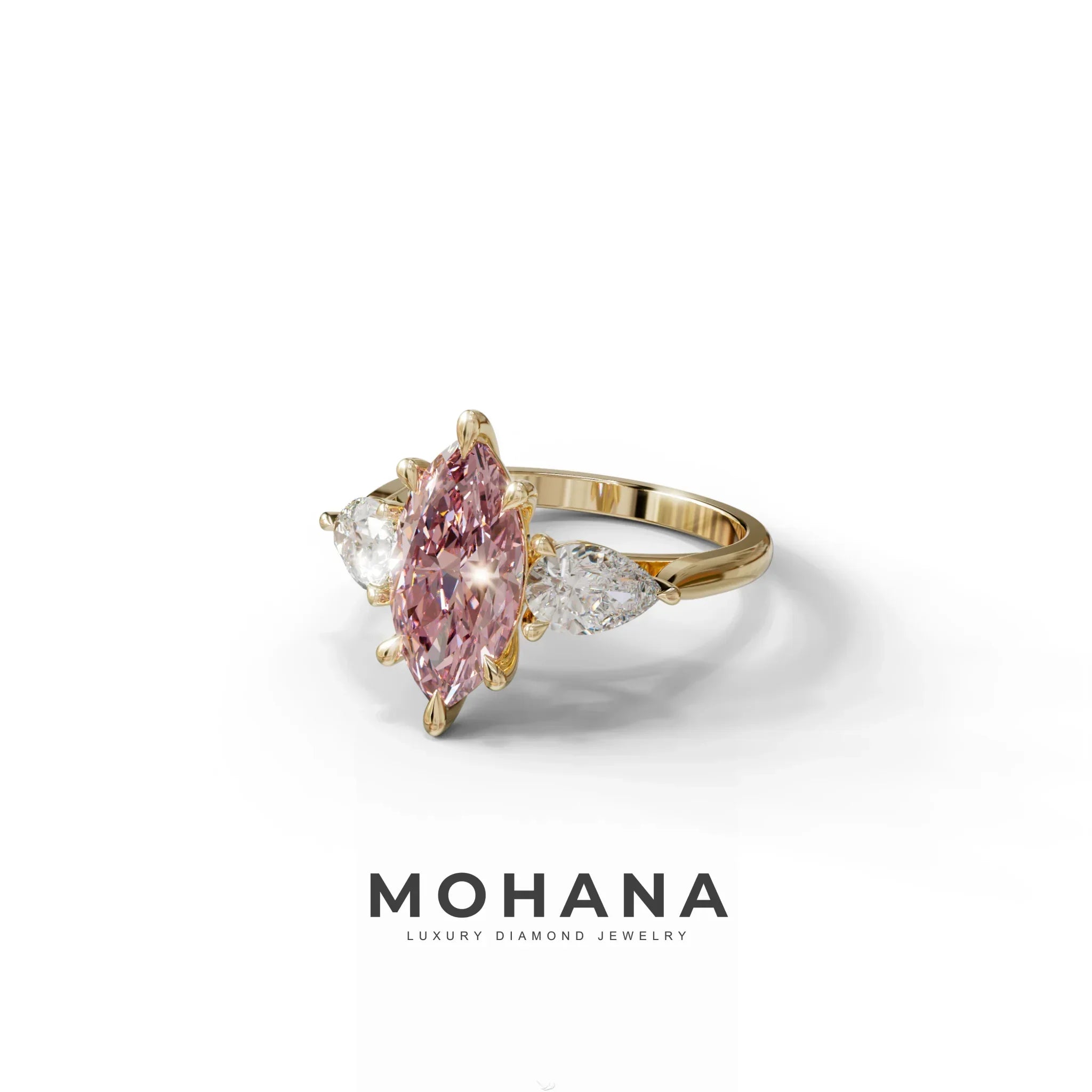 3 Carat Fancy Pink Marquise & Pear Cut Three Stone Lab Grown Diamond Engagement Ring