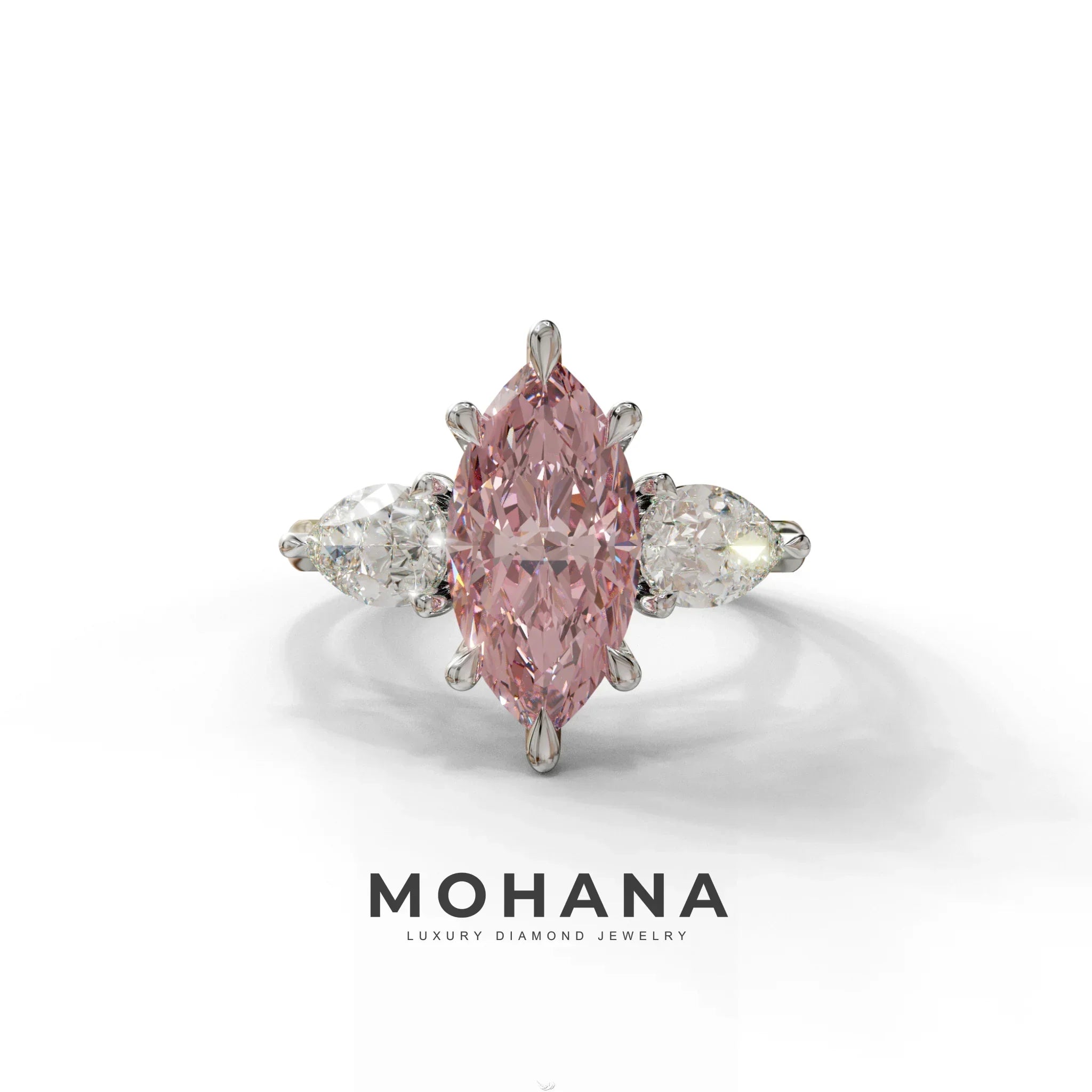 3 Carat Fancy Pink Marquise & Pear Cut Three Stone Lab Grown Diamond Engagement Ring - 10K Solid Gold / White Gold