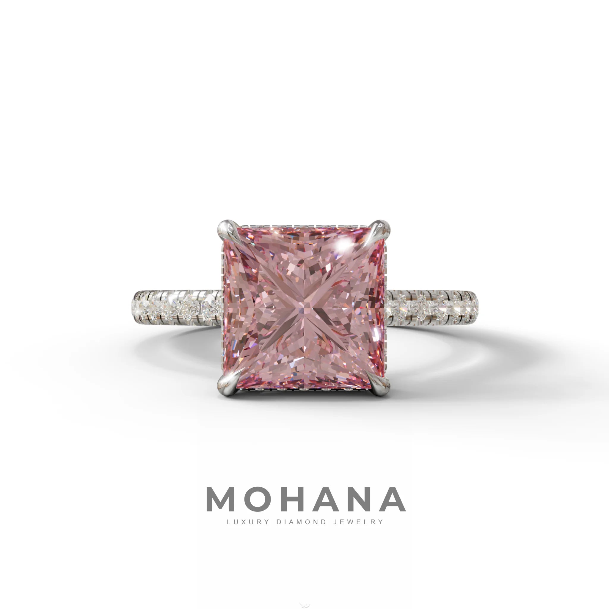 3 Carat Fancy Pink Princess Cut Hidden Halo Lab Grown Diamond Engagement Ring - 10K Solid Gold / White Gold