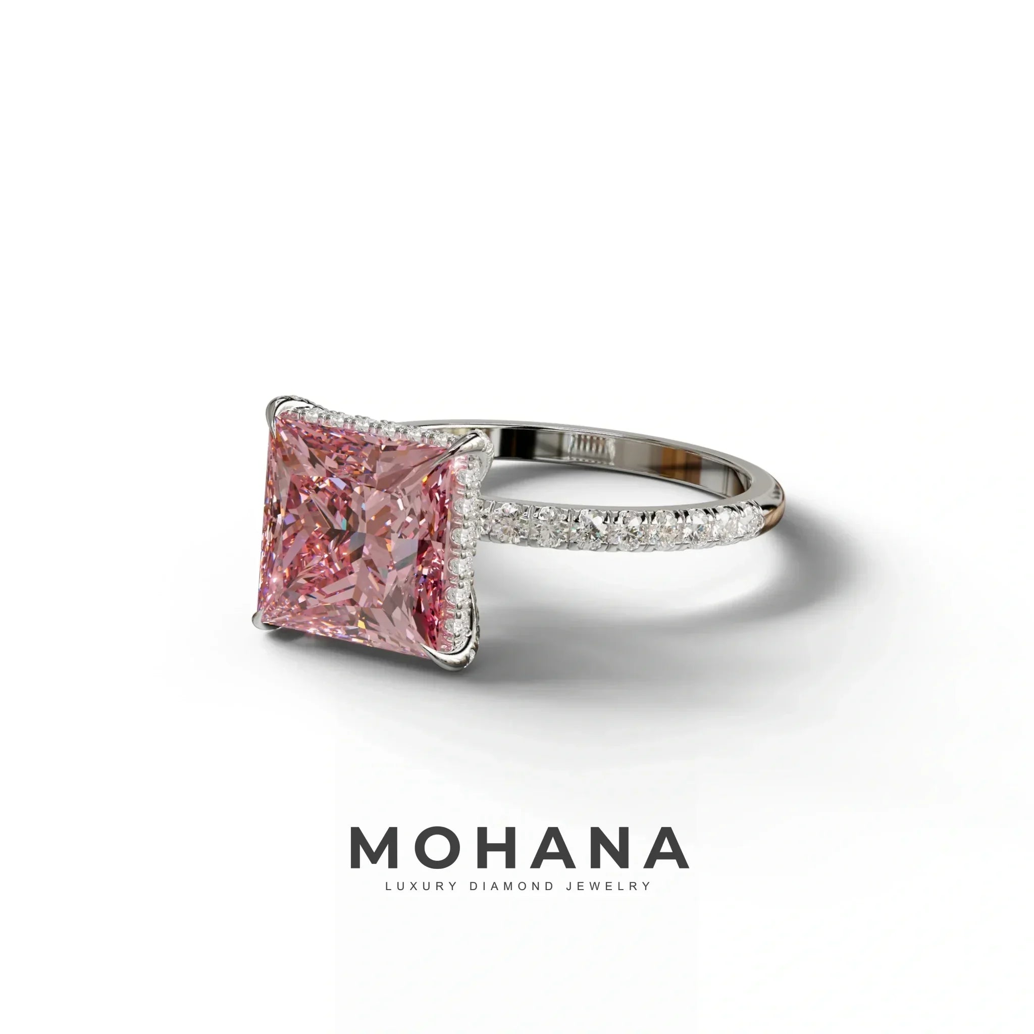 3 Carat Pink Princess Cut Hidden Halo & Pave Lab Diamond Ring