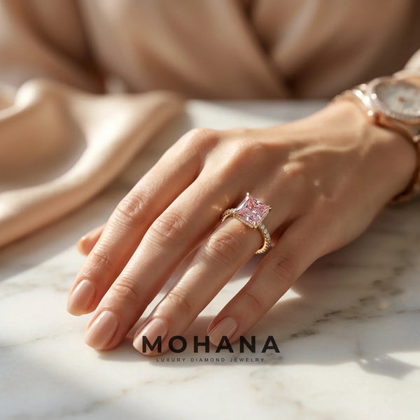 3 Carat Pink Lab Grown Diamond Engagement Ring – Princess Cut Hidden Halo alternate view