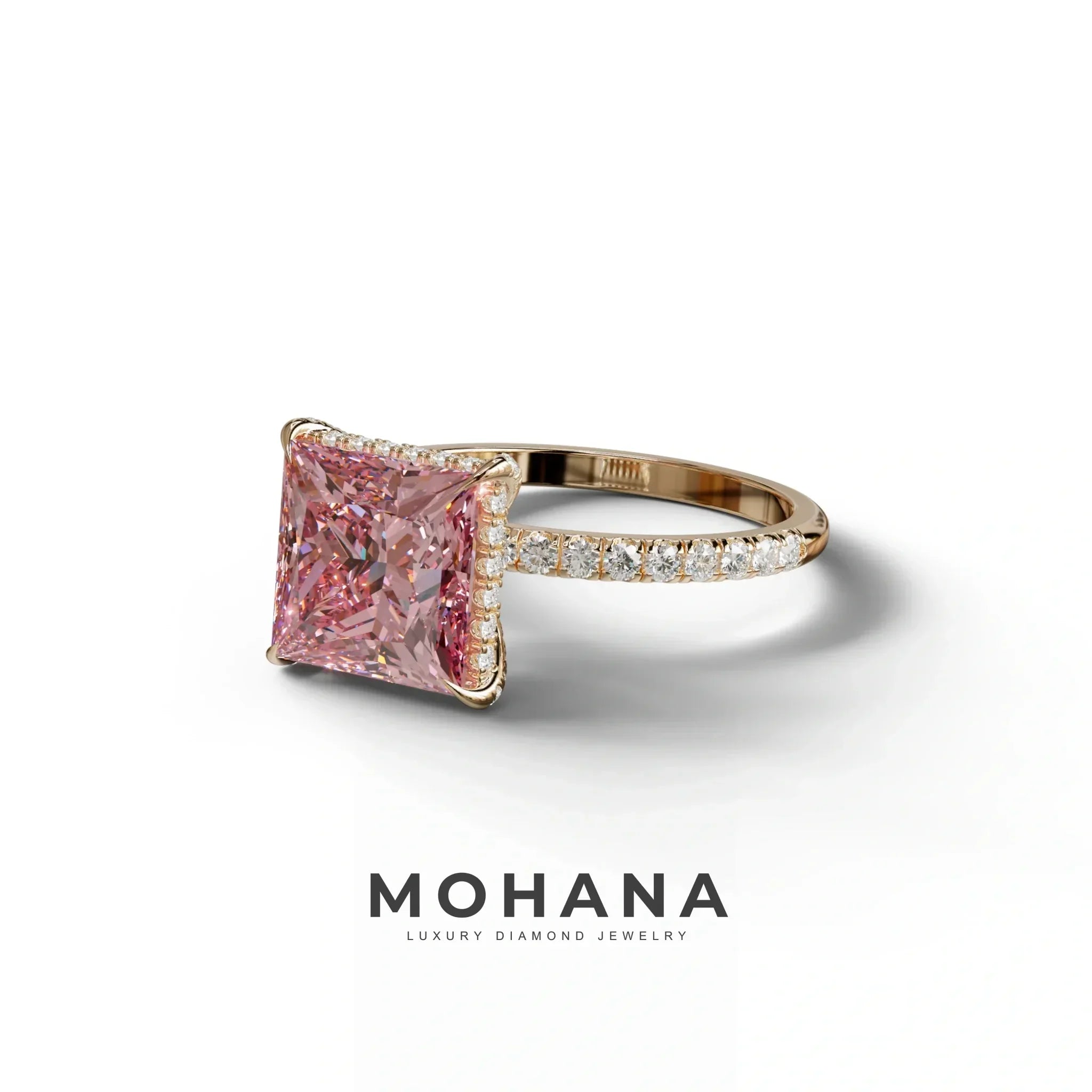3 Carat Pink Princess Cut Hidden Halo & Pave Lab Diamond Ring