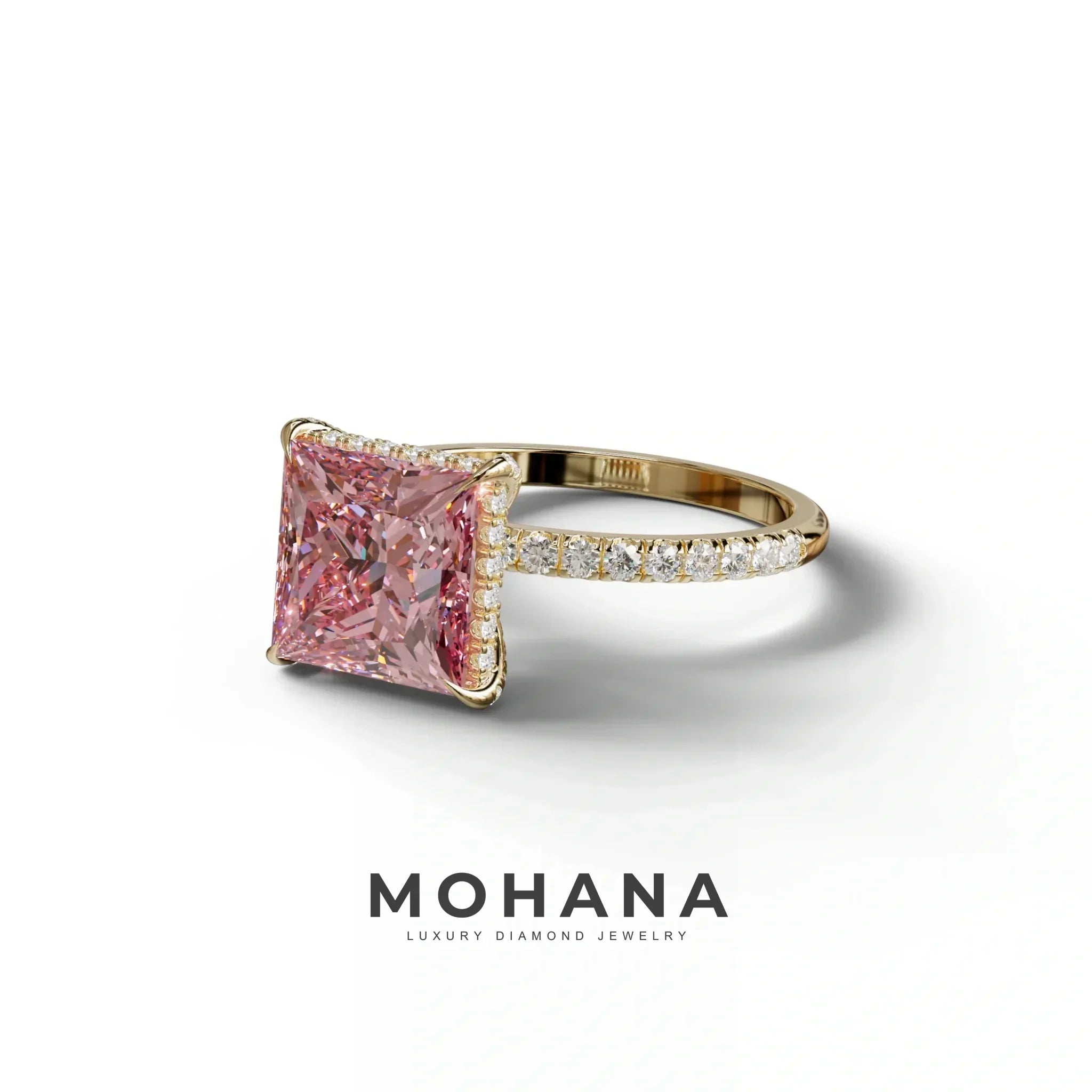 3 Carat Pink Princess Cut Hidden Halo & Pave Lab Diamond Ring