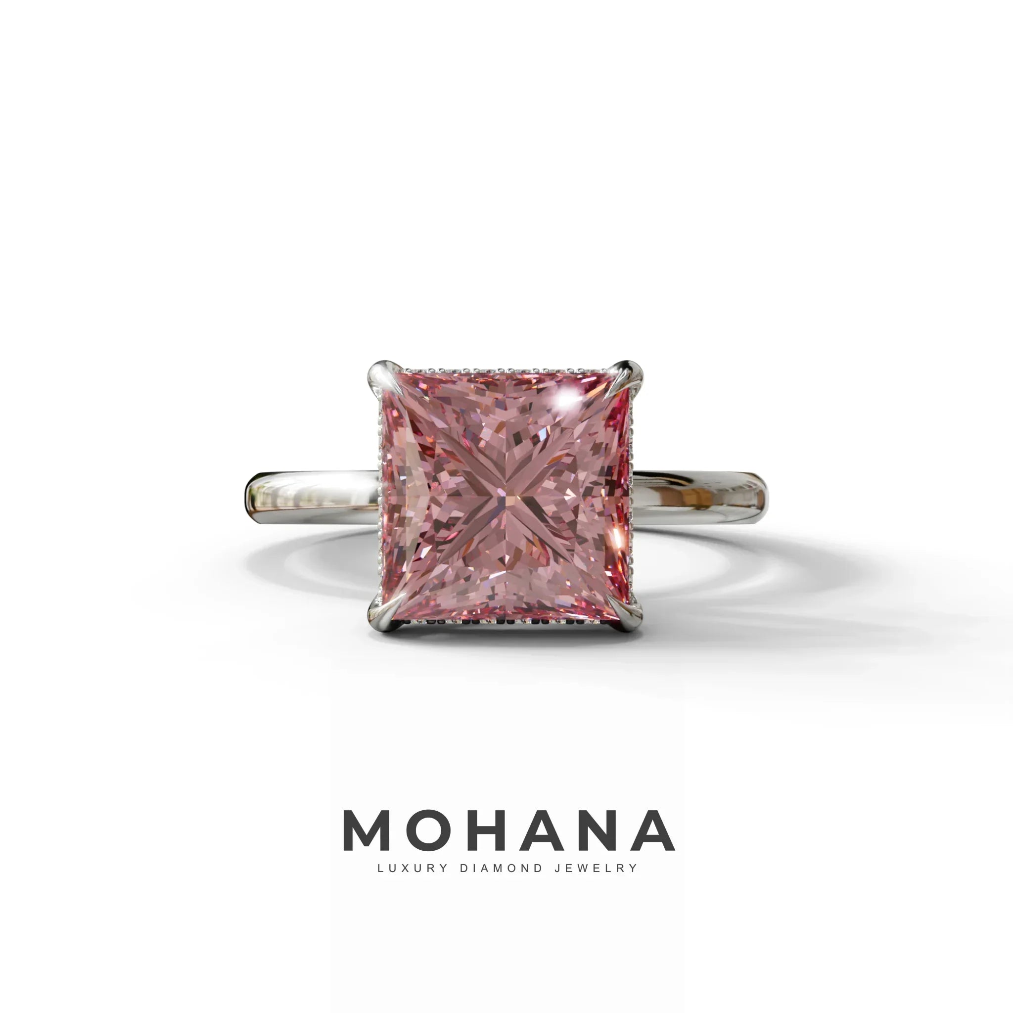 3 Carat Princess Cut Pink Lab Diamond Hidden Halo Engagement Ring - 10K Solid Gold / White Gold