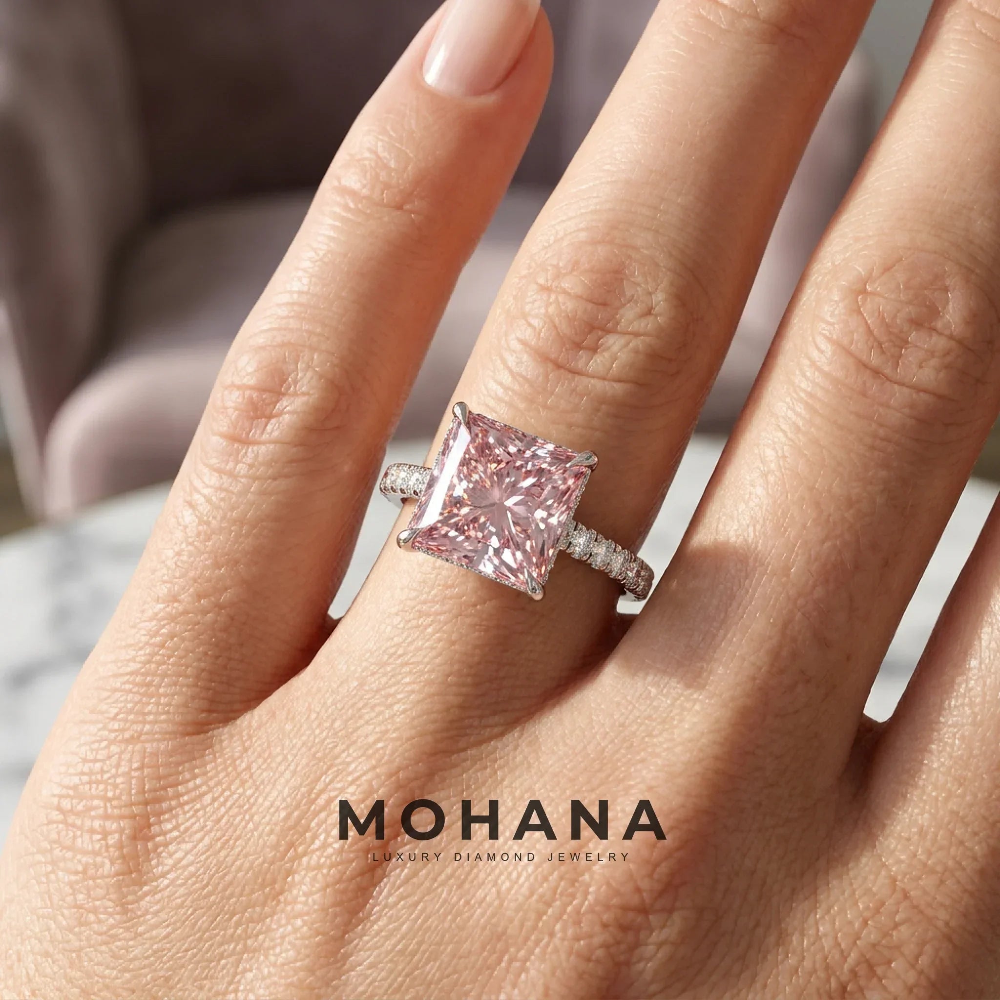 3 Carat Fancy Pink Princess Cut Hidden Halo Lab Grown Diamond Engagement Ring