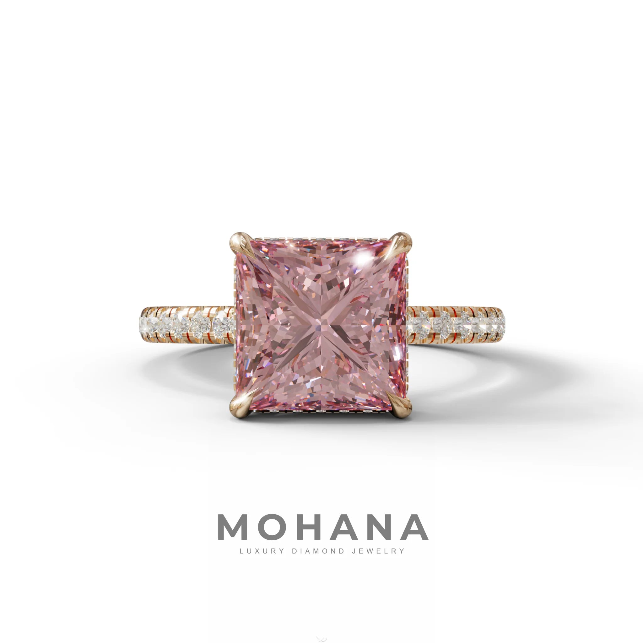 3 Carat Fancy Pink Princess Cut Hidden Halo Lab Grown Diamond Engagement Ring - 10K Solid Gold / Rose Gold