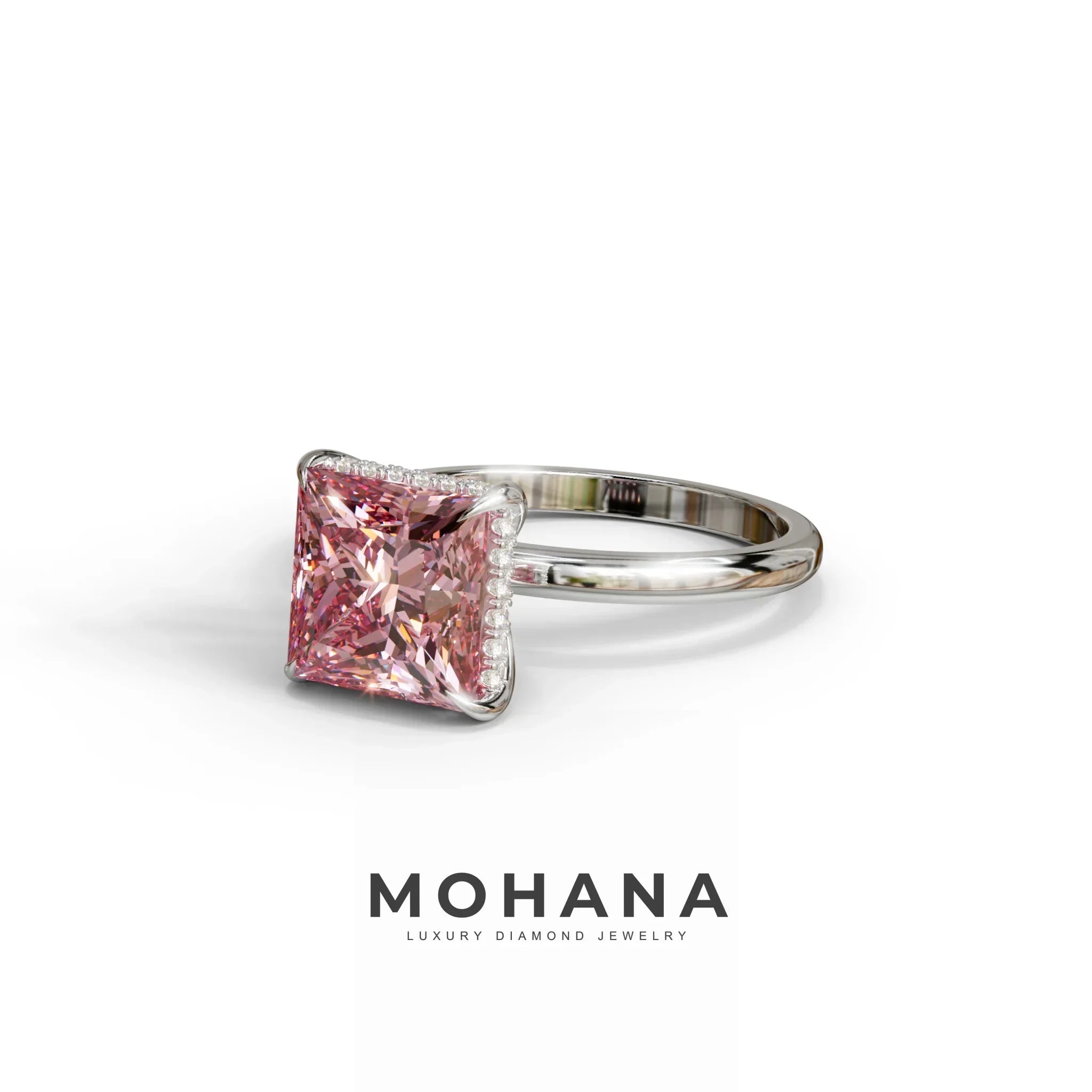 3 Carat Princess Cut Pink Lab Diamond Hidden Halo Engagement Ring