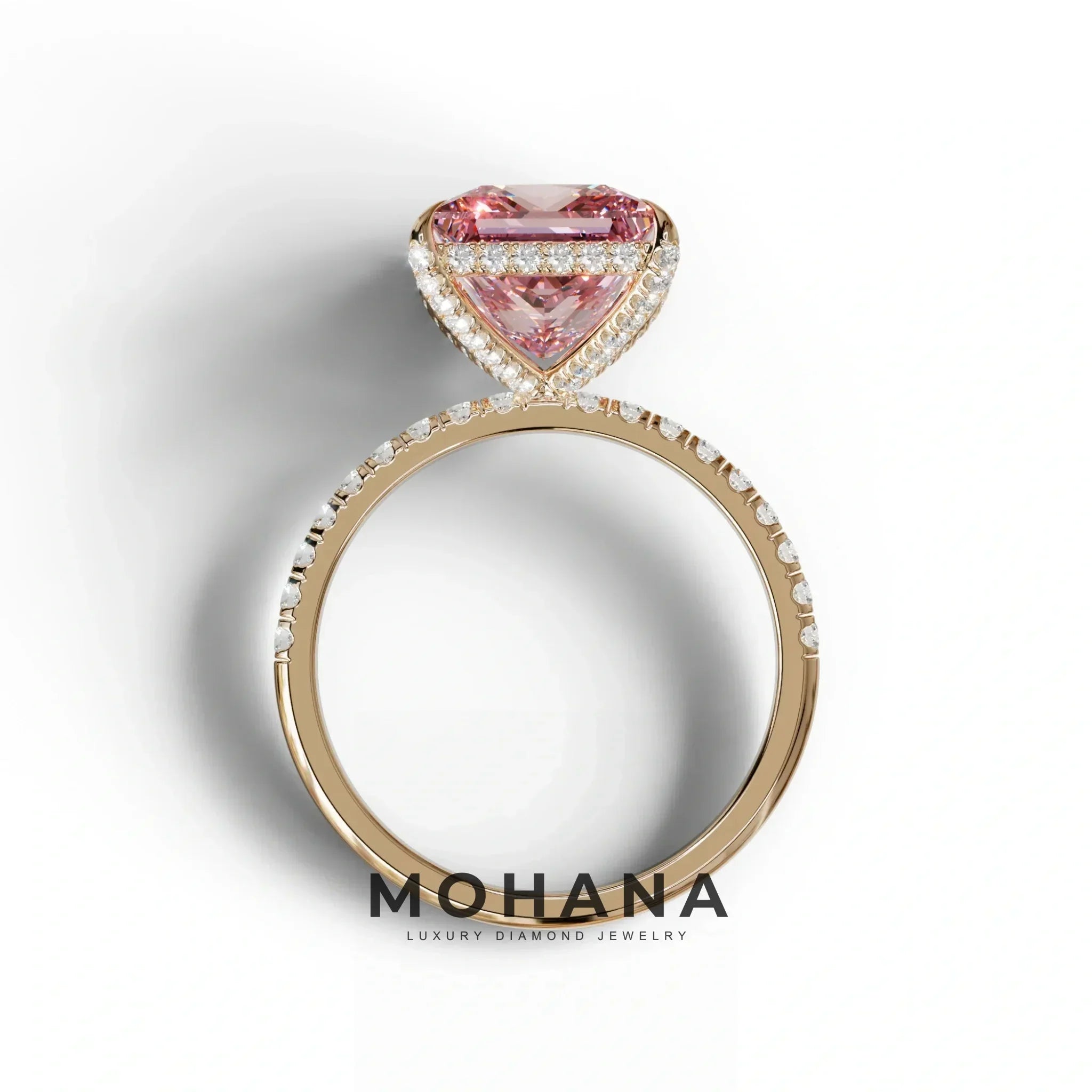 3 Carat Pink Princess Cut Hidden Halo & Pave Lab Diamond Ring