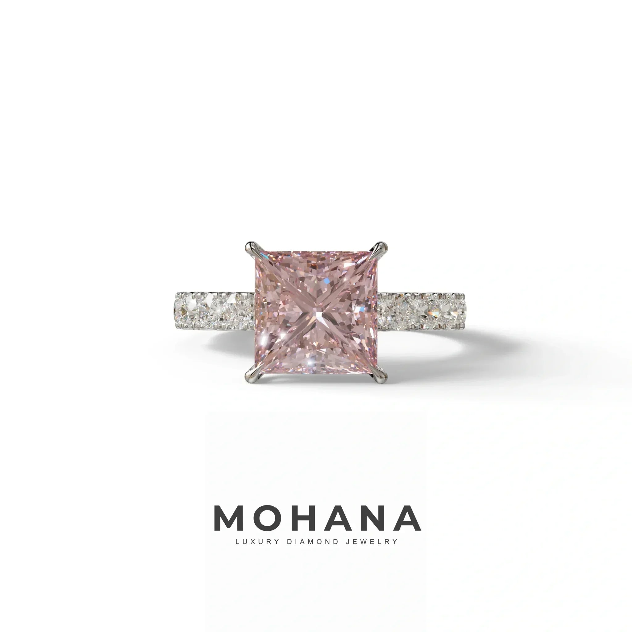 3 Carat Fancy Intense Pink Princess Cut Pave Lab Created Ring - Elysia - 10K Solid Gold / White Gold