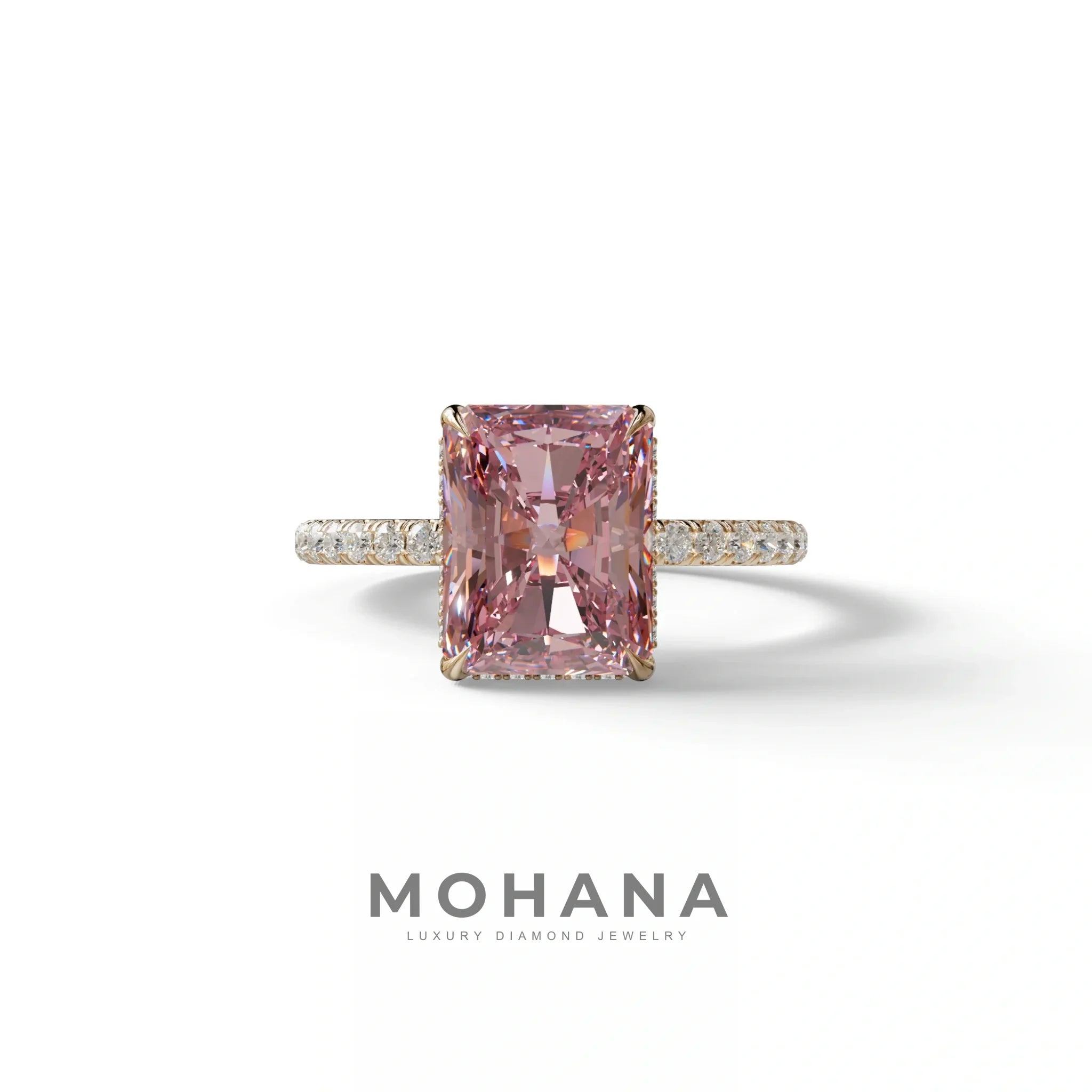3 Ct Radiant Cut Pink Color Lab Diamond Ring - Monica - 10K Solid Gold / Rose Gold