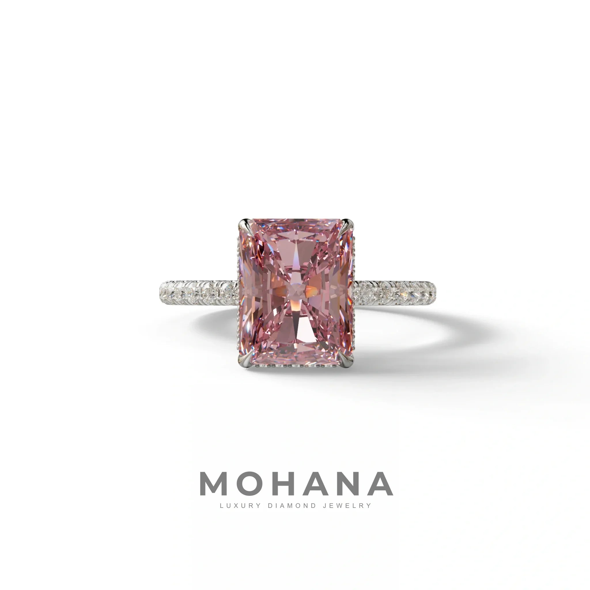 3 Ct Radiant Cut Pink Color Lab Diamond Ring - Monica - 10K Solid Gold / White Gold