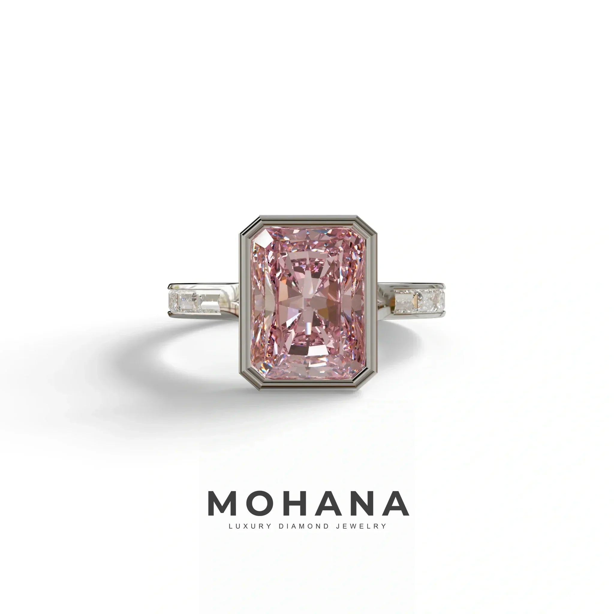 3 Ct Radiant Cut Pink Color Lab Diamond Ring - Olympia - 10K Solid Gold / White Gold