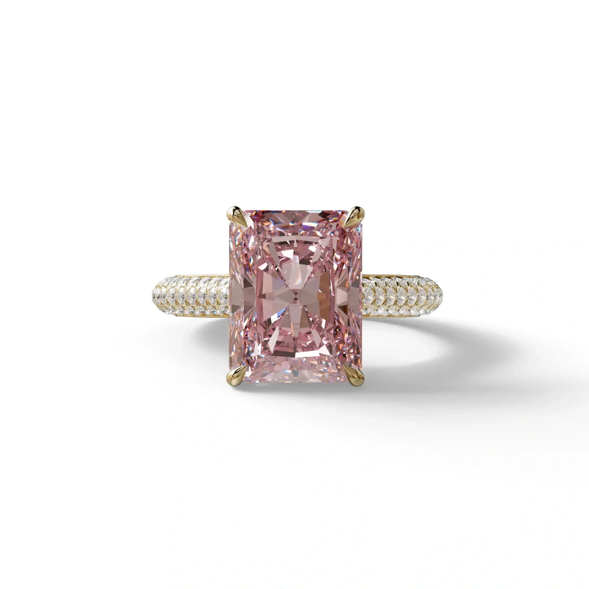 3 Carat Pink Radiant Cut Hidden Halo & Pave Set Lab Diamond Ring - Riviera - 10K Solid Gold / Yellow Gold