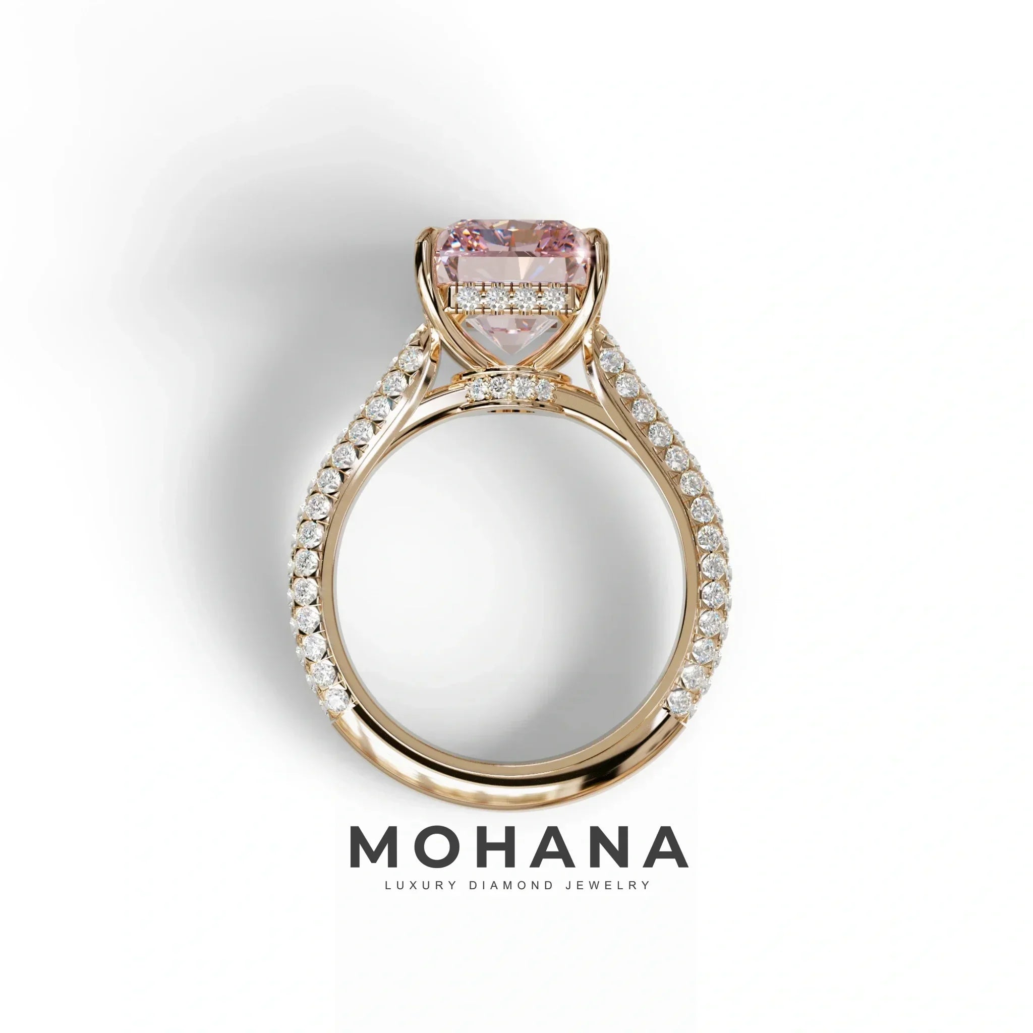 3 Carat Pink Radiant Cut Hidden Halo & Pave Set Lab Diamond Ring - Riviera