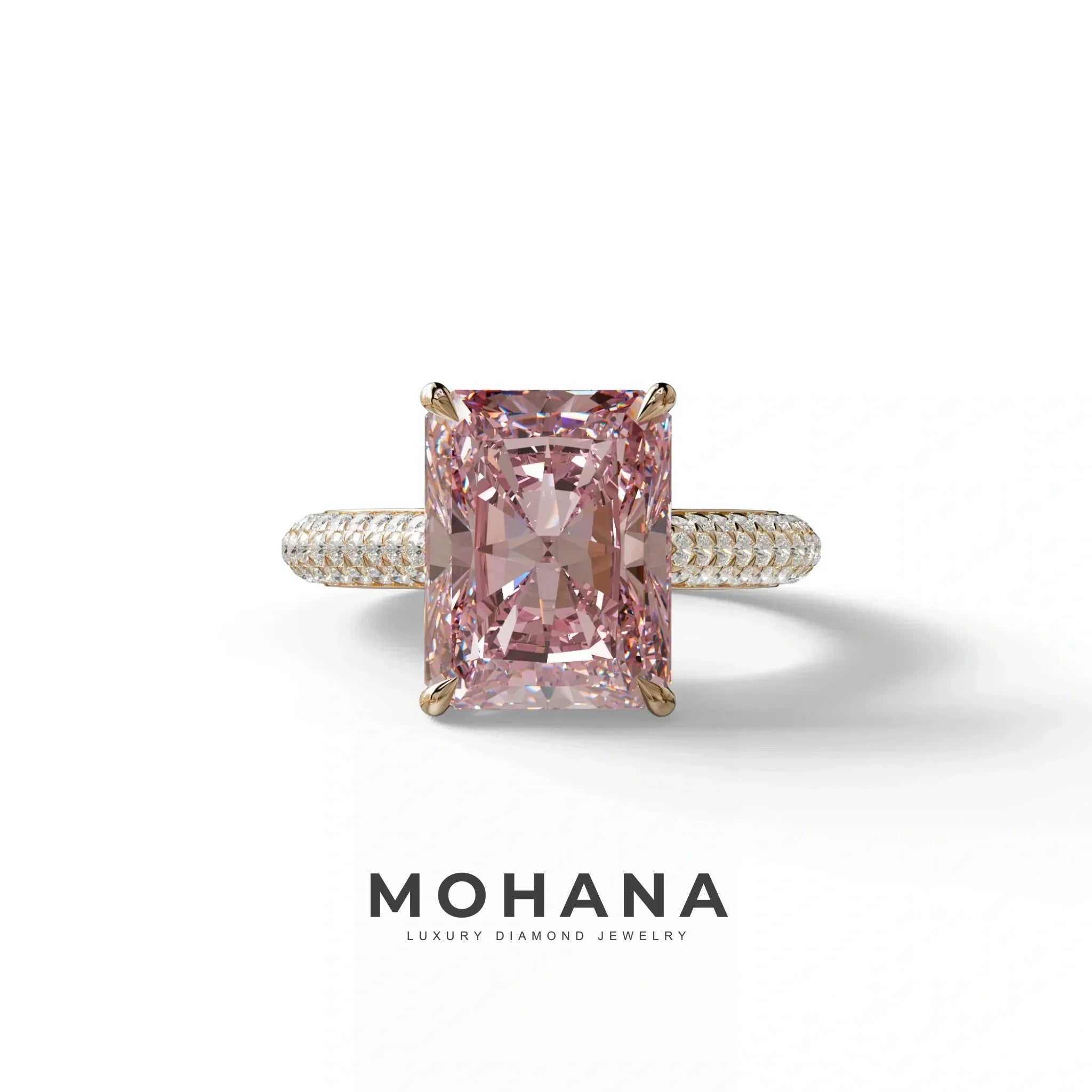 3 Carat Pink Radiant Cut Hidden Halo & Pave Set Lab Diamond Ring - Riviera - 10K Solid Gold / Rose Gold