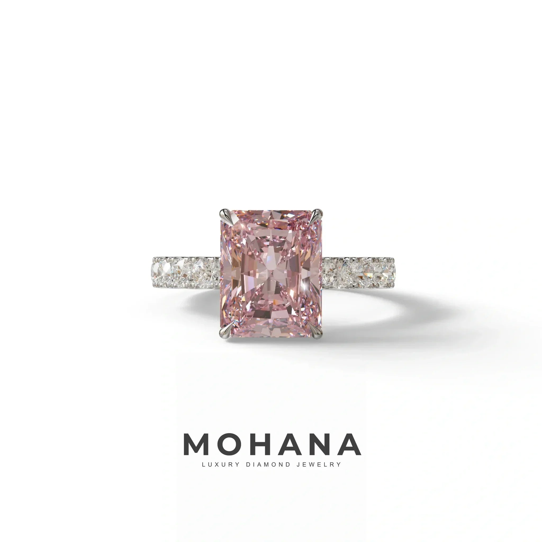 3 Carat Pink Radiant Shaped Hidden Halo Eternity Lab Diamond Ring - Lace Bridge - 10K Solid Gold / White Gold