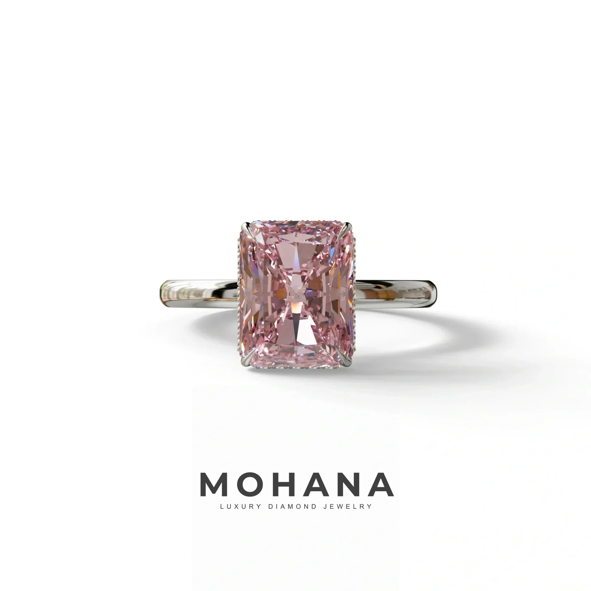 3 Carat Fancy Pink Radiant Cut Hidden Halo Lab Grown Diamond Engagement Ring - 10K Solid Gold / White Gold
