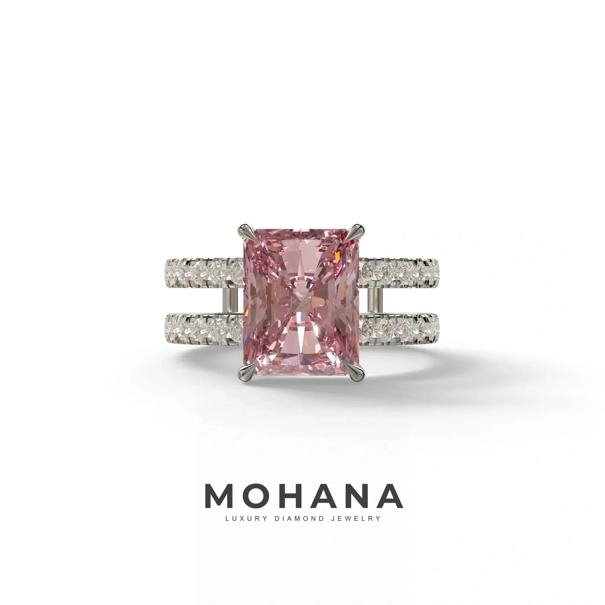 3 Carat Pink Radiant Cut Double Band Hidden Halo Lab Diamond Engagement Ring - Billie - 10K Solid Gold / White Gold
