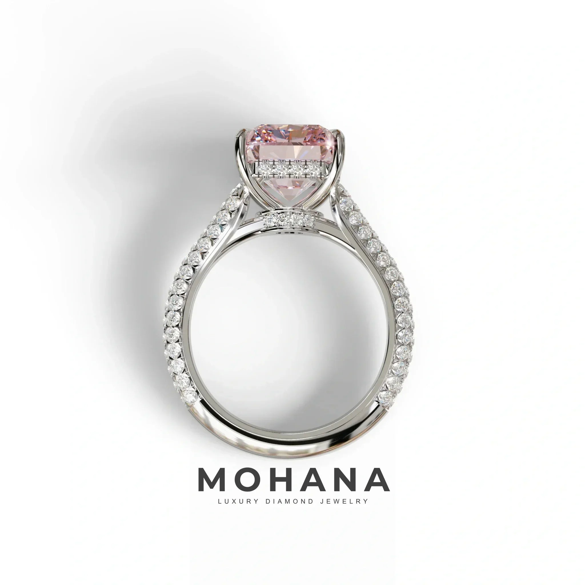 3 Carat Pink Radiant Cut Hidden Halo & Pave Set Lab Diamond Ring - Riviera