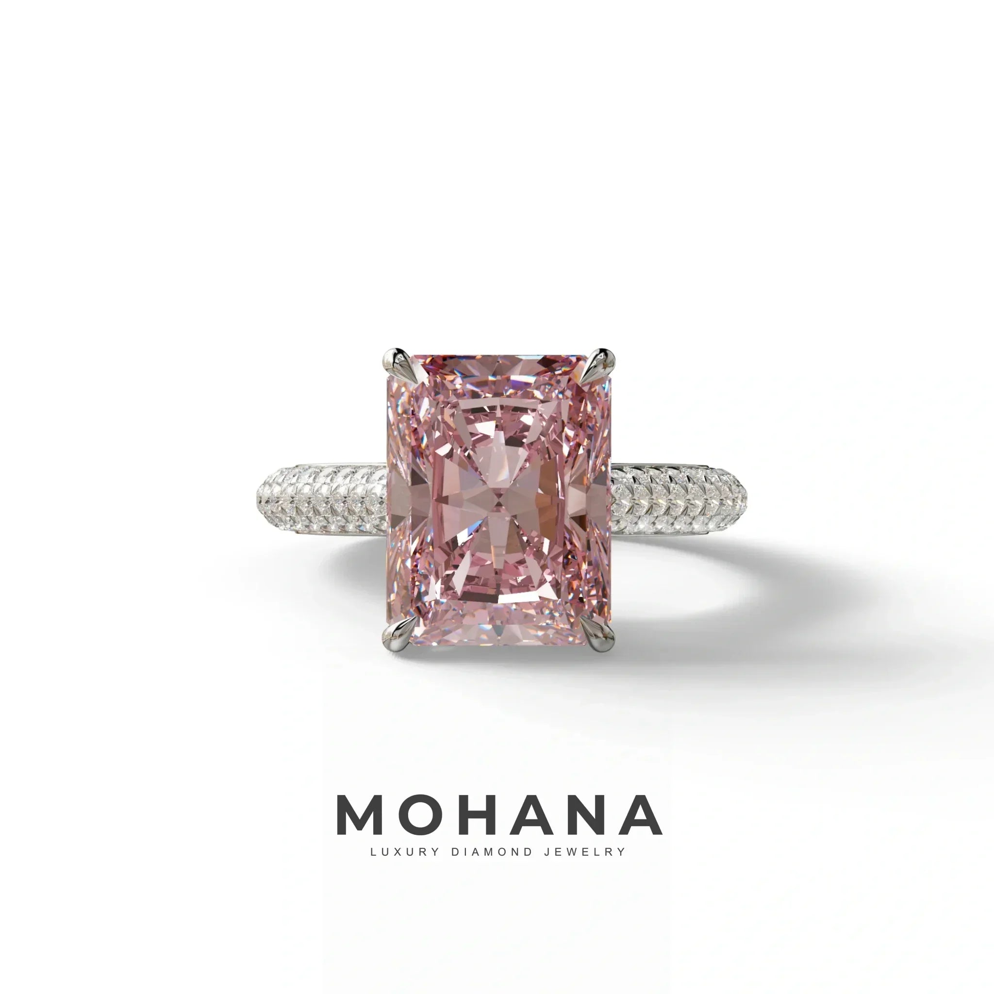 3 Carat Pink Radiant Cut Hidden Halo & Pave Set Lab Diamond Ring - Riviera - 10K Solid Gold / White Gold