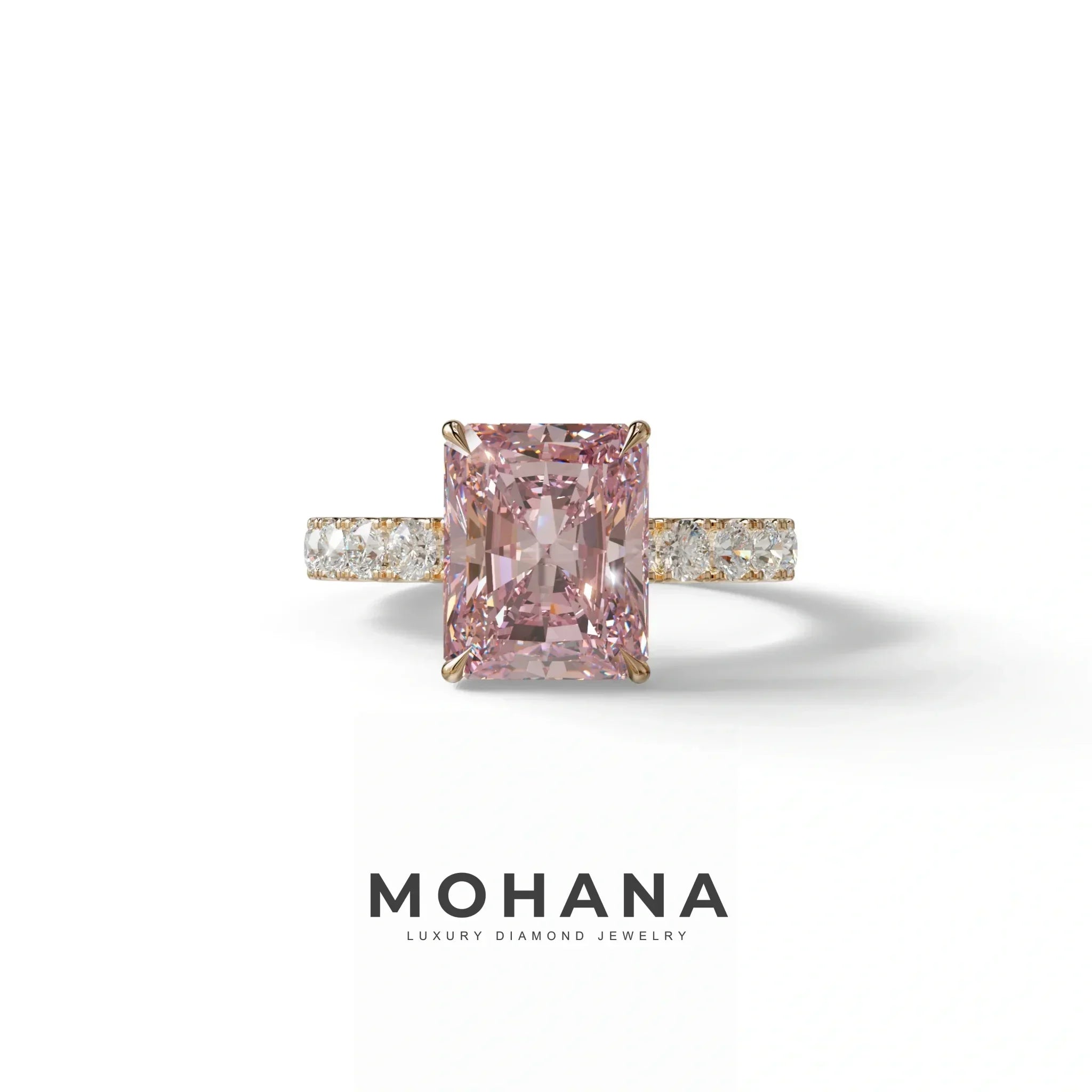 3 Carat Pink Radiant Shaped Hidden Halo Eternity Lab Diamond Ring - Lace Bridge - 10K Solid Gold / Rose Gold