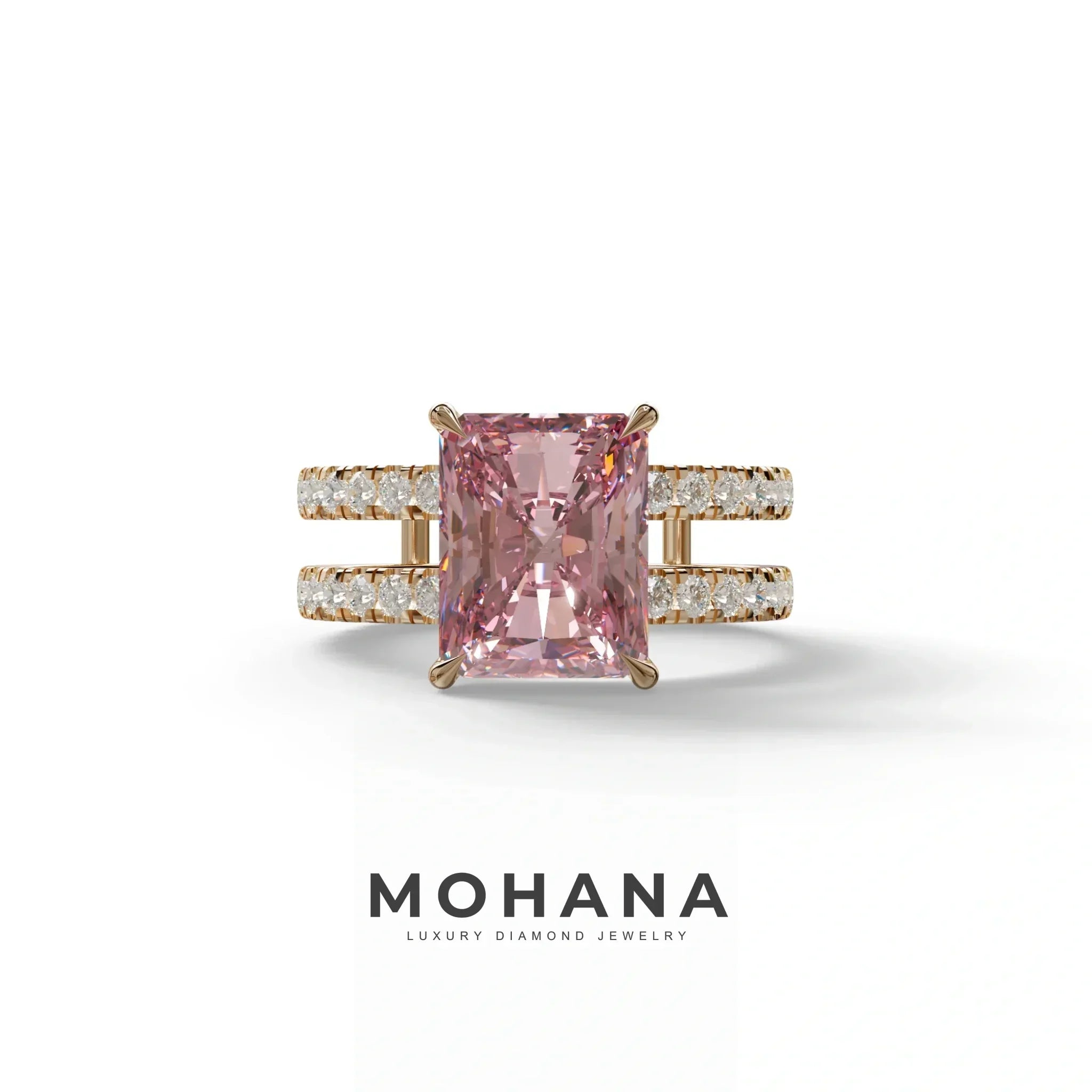 3 Carat Pink Radiant Cut Double Band Hidden Halo Lab Diamond Engagement Ring - Billie - 10K Solid Gold / Rose Gold