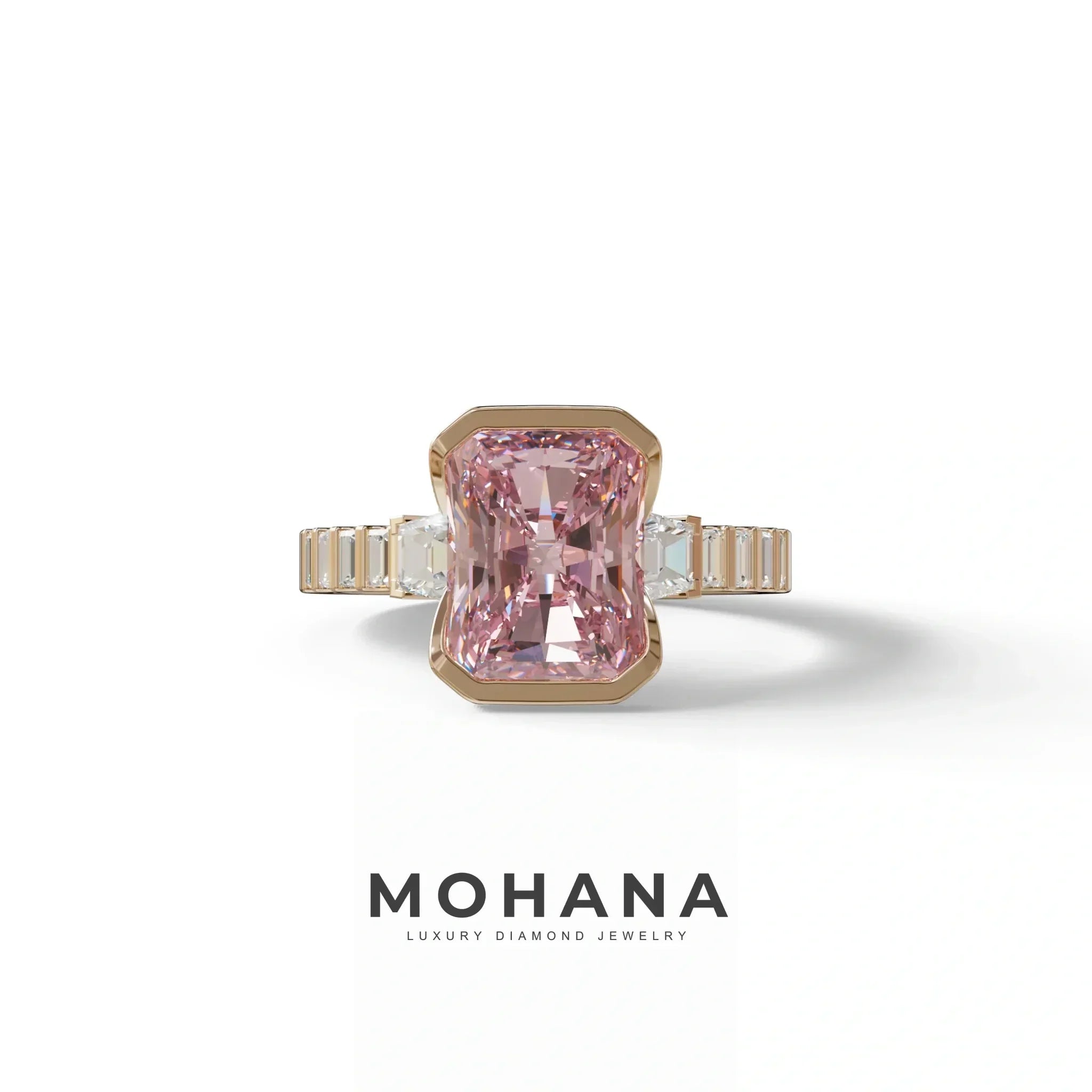3 Carat Pink Radiant Cut Three Stone Lab Diamond Engagement Ring - Adiamor - 10K Solid Gold / Rose Gold