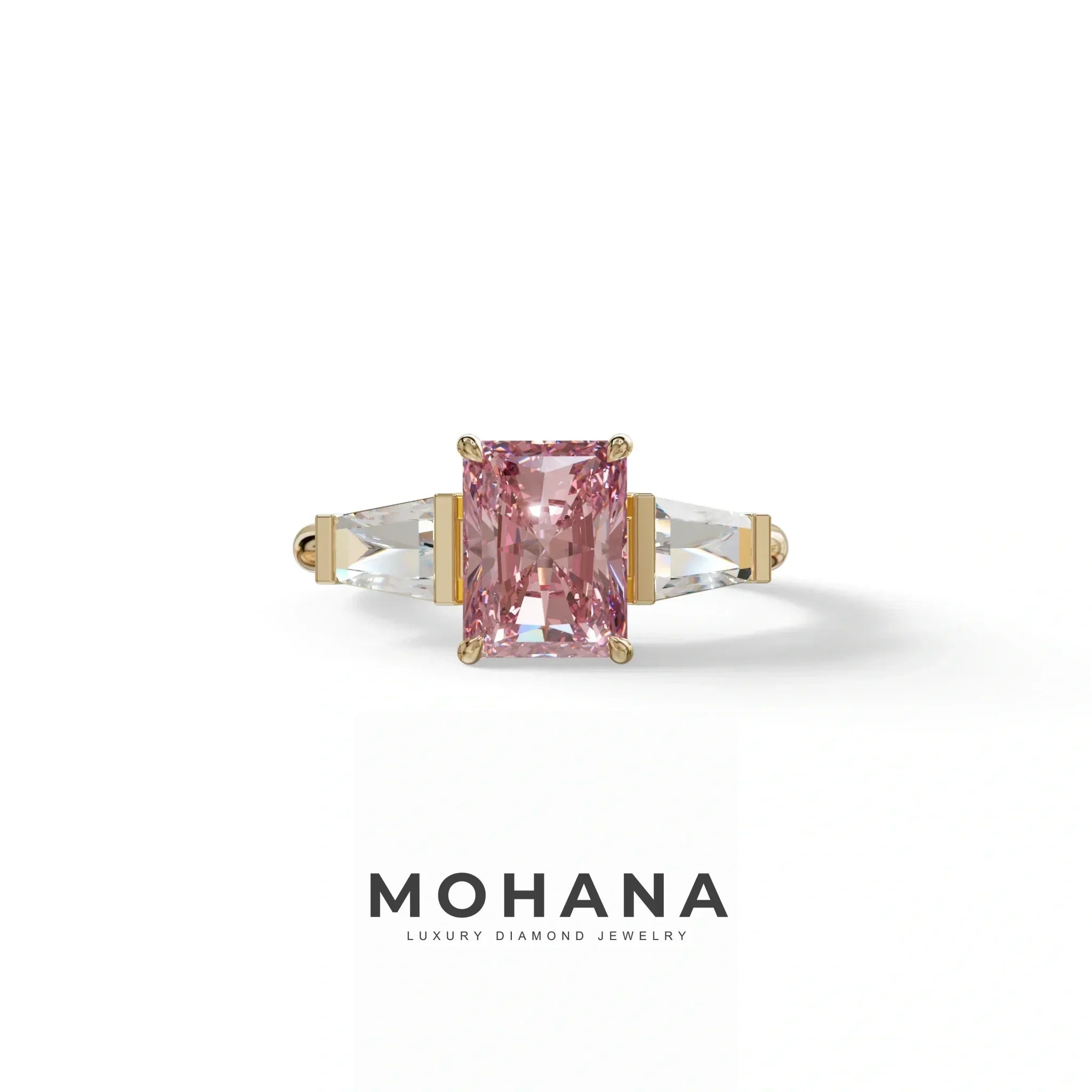 3Ct Pink Radiant & Tapered Cut Lab Grown Diamond Three Stone Engagement Ring - Yana - 10K Solid Gold / Yellow Gold