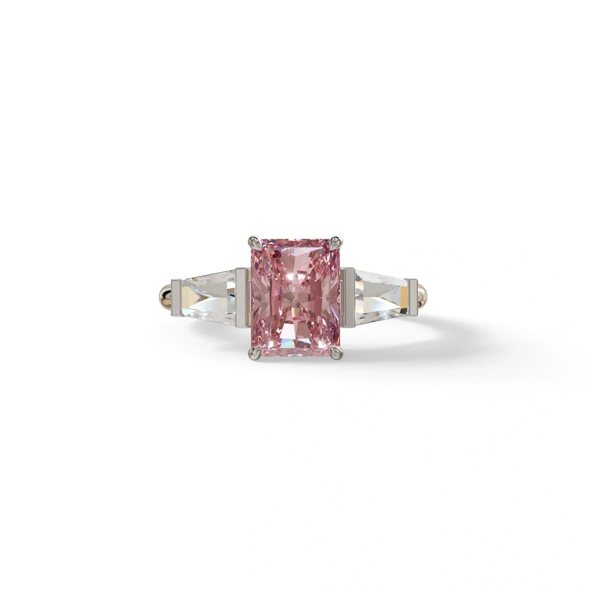 3Ct Pink Radiant & Tapered Cut Lab Grown Diamond Three Stone Engagement Ring - Yana - 10K Solid Gold / White Gold