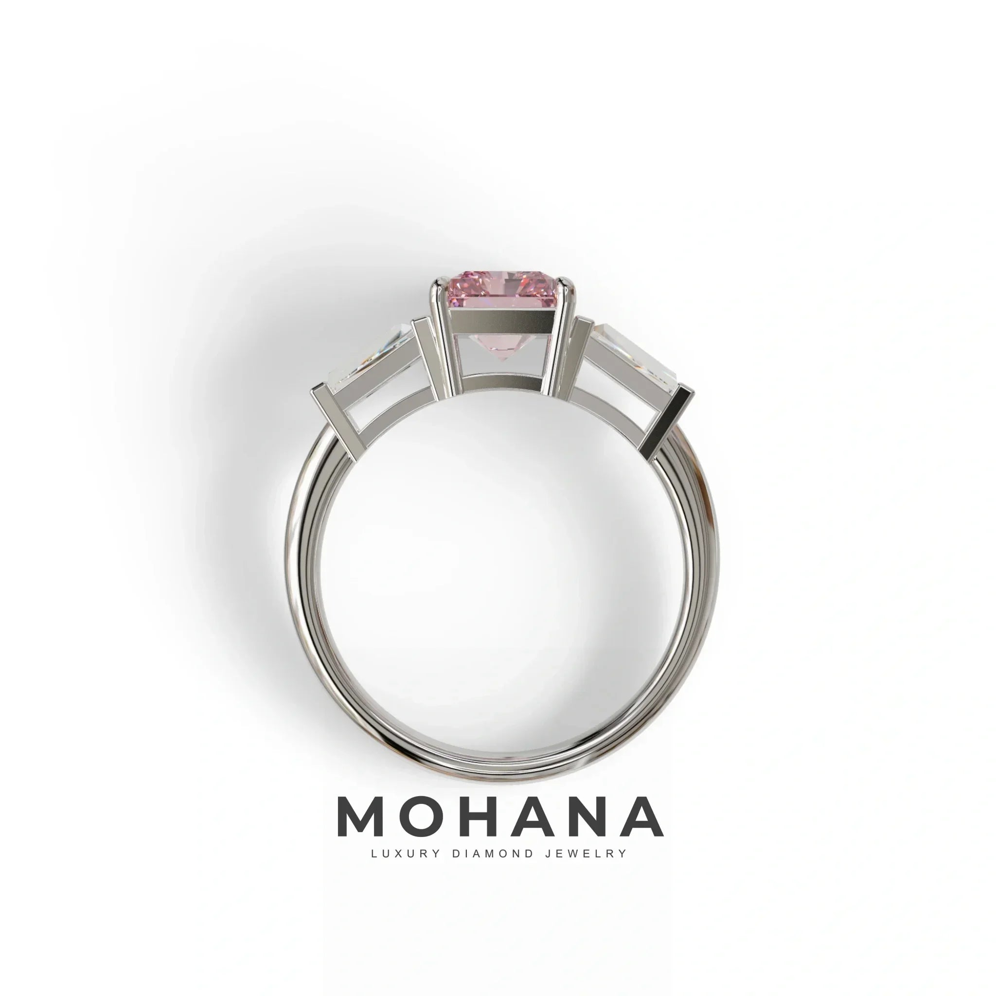 3Ct Pink Radiant & Tapered Cut Lab Grown Diamond Three Stone Engagement Ring - Yana