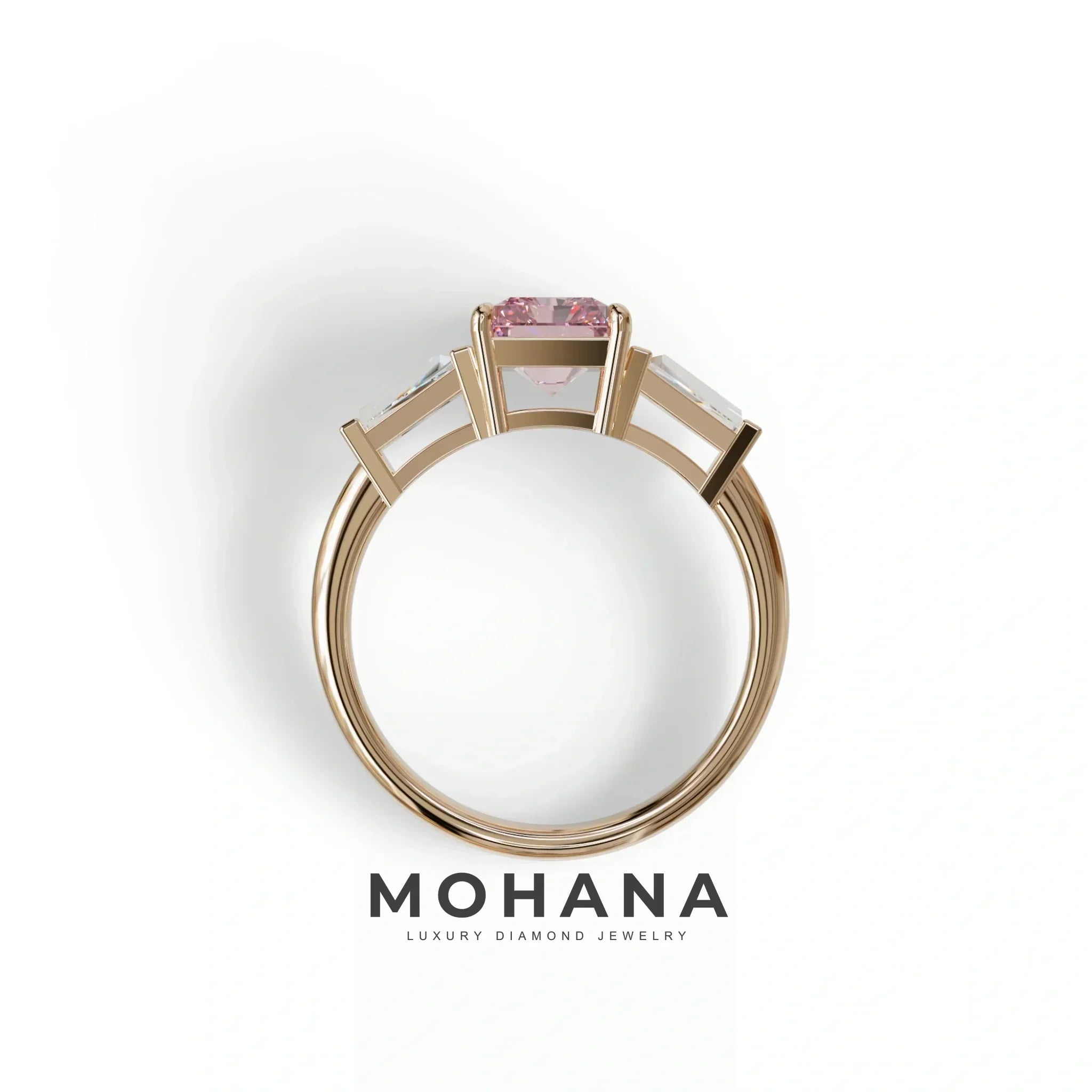 3Ct Pink Radiant & Tapered Cut Lab Grown Diamond Three Stone Engagement Ring - Yana