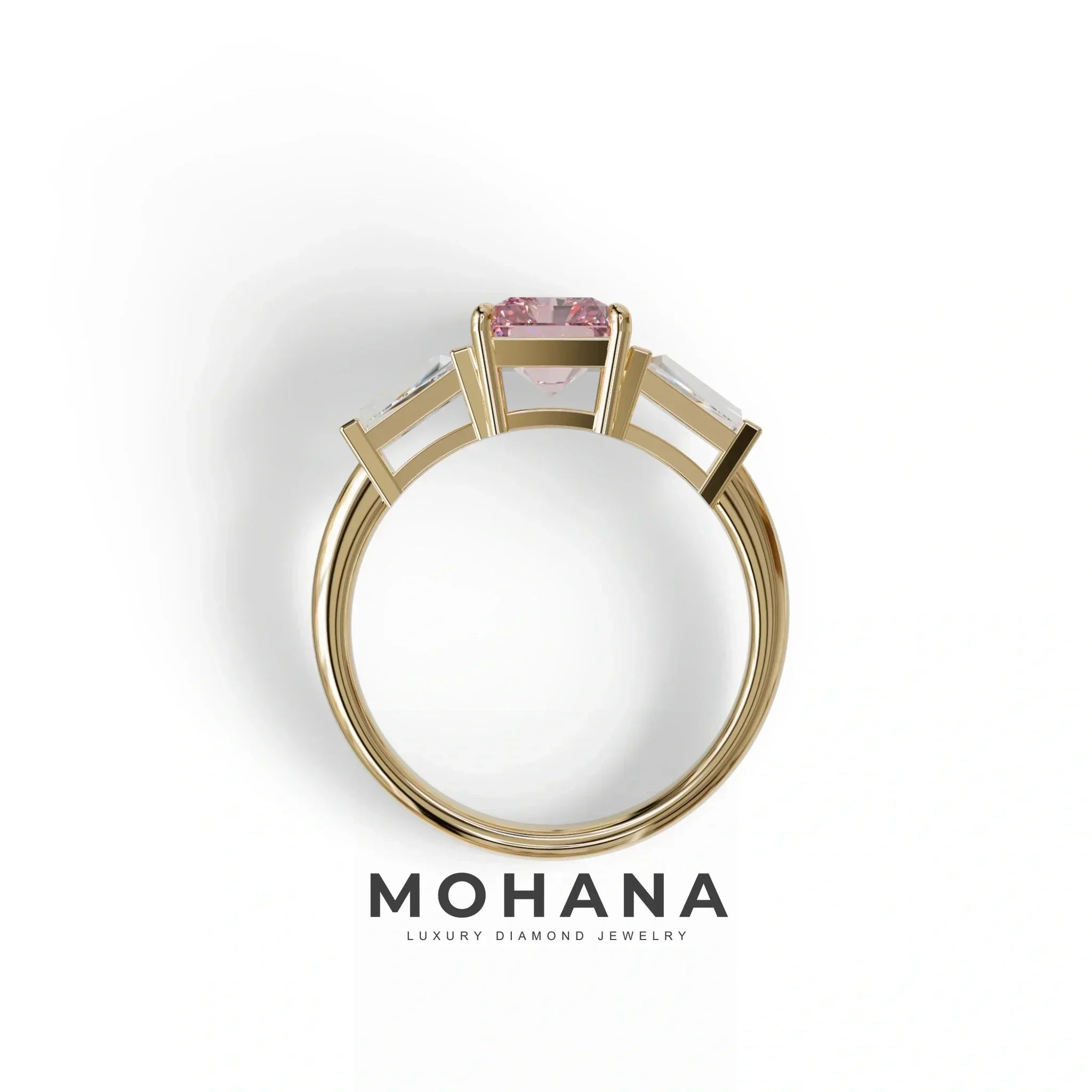 3Ct Pink Radiant & Tapered Cut Lab Grown Diamond Three Stone Engagement Ring - Yana