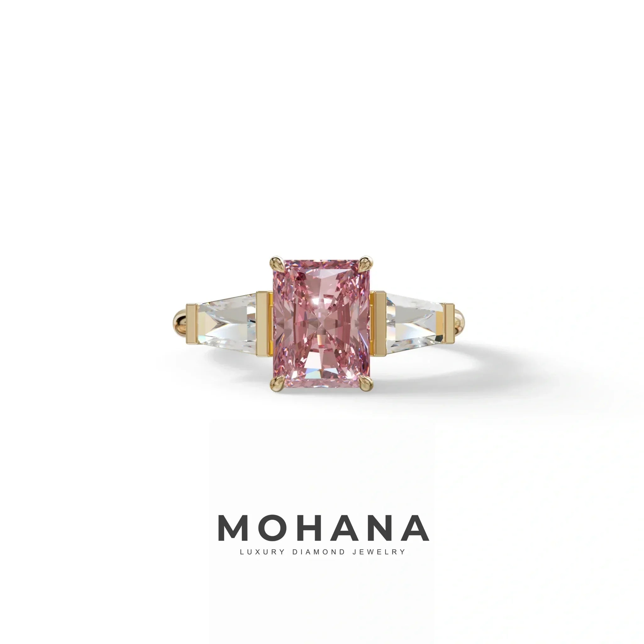 3Ct Pink Radiant & Tapered Cut Lab Grown Diamond Three Stone Engagement Ring - Yana - 10K Solid Gold / Rose Gold