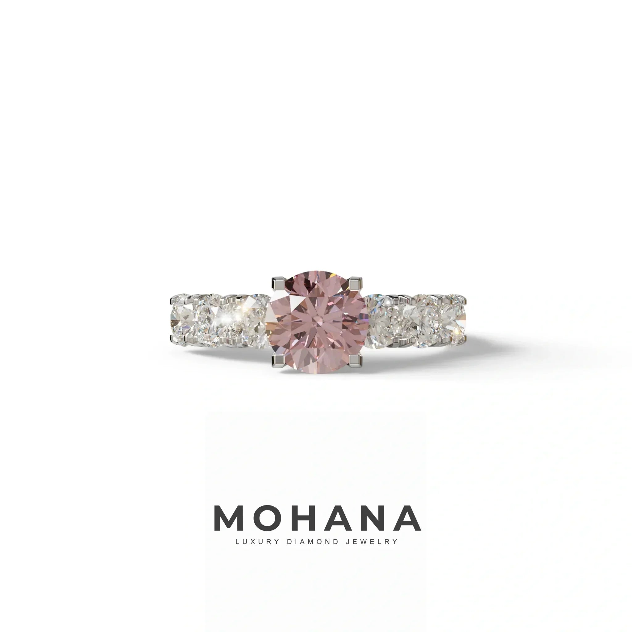 3 Carat Pink Round Cut Half Eternity Lab Diamond Engagement Ring - Angeleno - 10K Solid Gold / White Gold