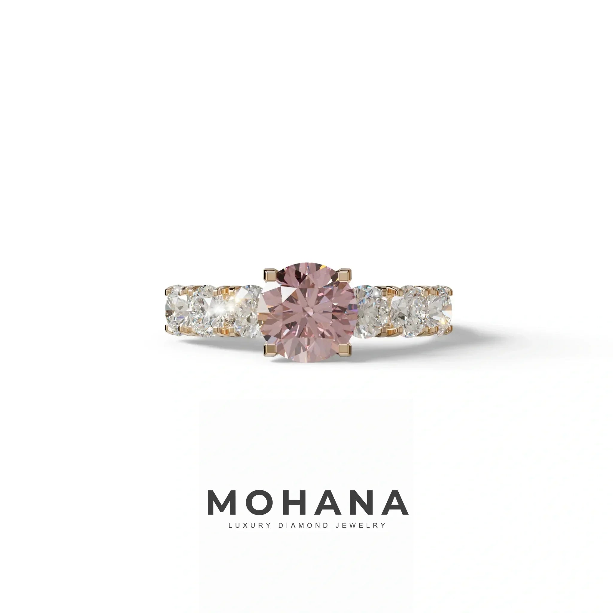 3 Carat Pink Round Cut Half Eternity Lab Diamond Engagement Ring - Angeleno - 10K Solid Gold / Rose Gold