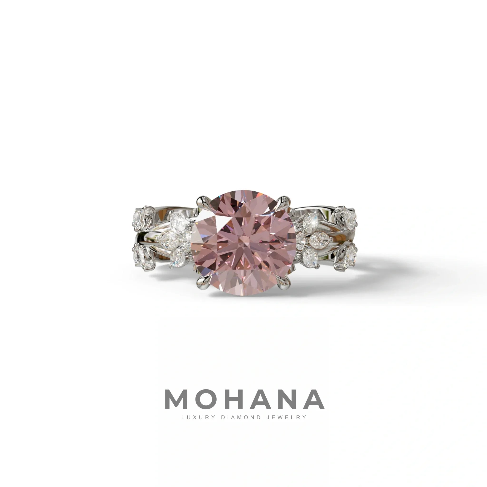 Natural Inspired 3 Carat Pink Round Brilliant cut Lab Diamond Engagement Ring - Catalina - 10K Solid Gold / White Gold