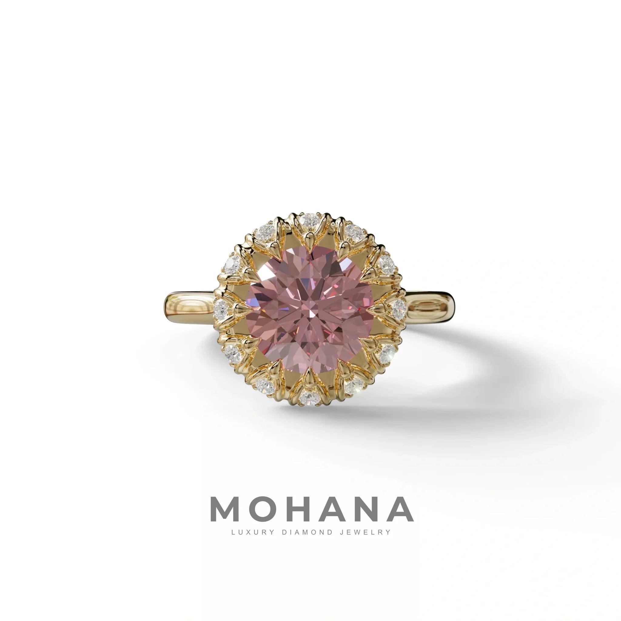 3 Carat Pink Round Shaped Halo Lab Diamond Ring - Sunflower - 10K Solid Gold / Yellow Gold