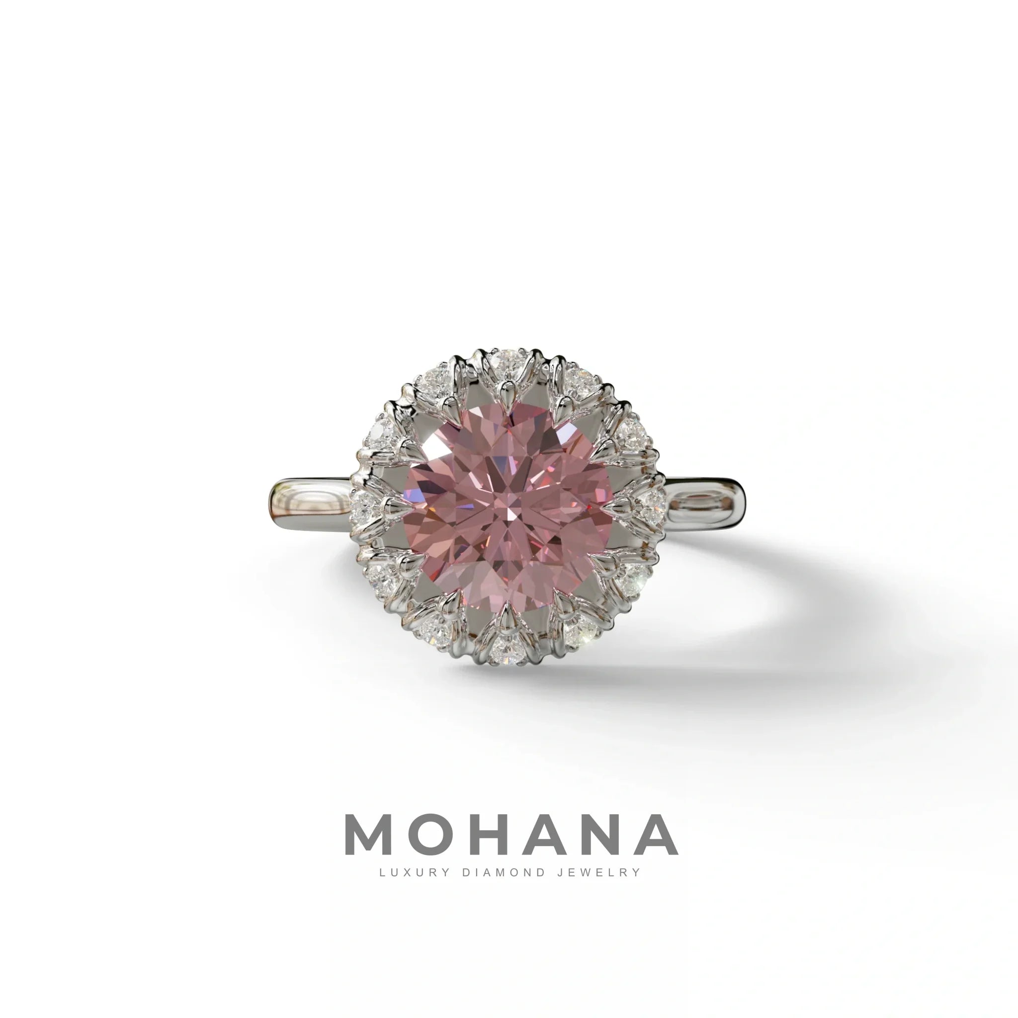 3 Carat Pink Round Shaped Halo Lab Diamond Ring - Sunflower - 10K Solid Gold / White Gold