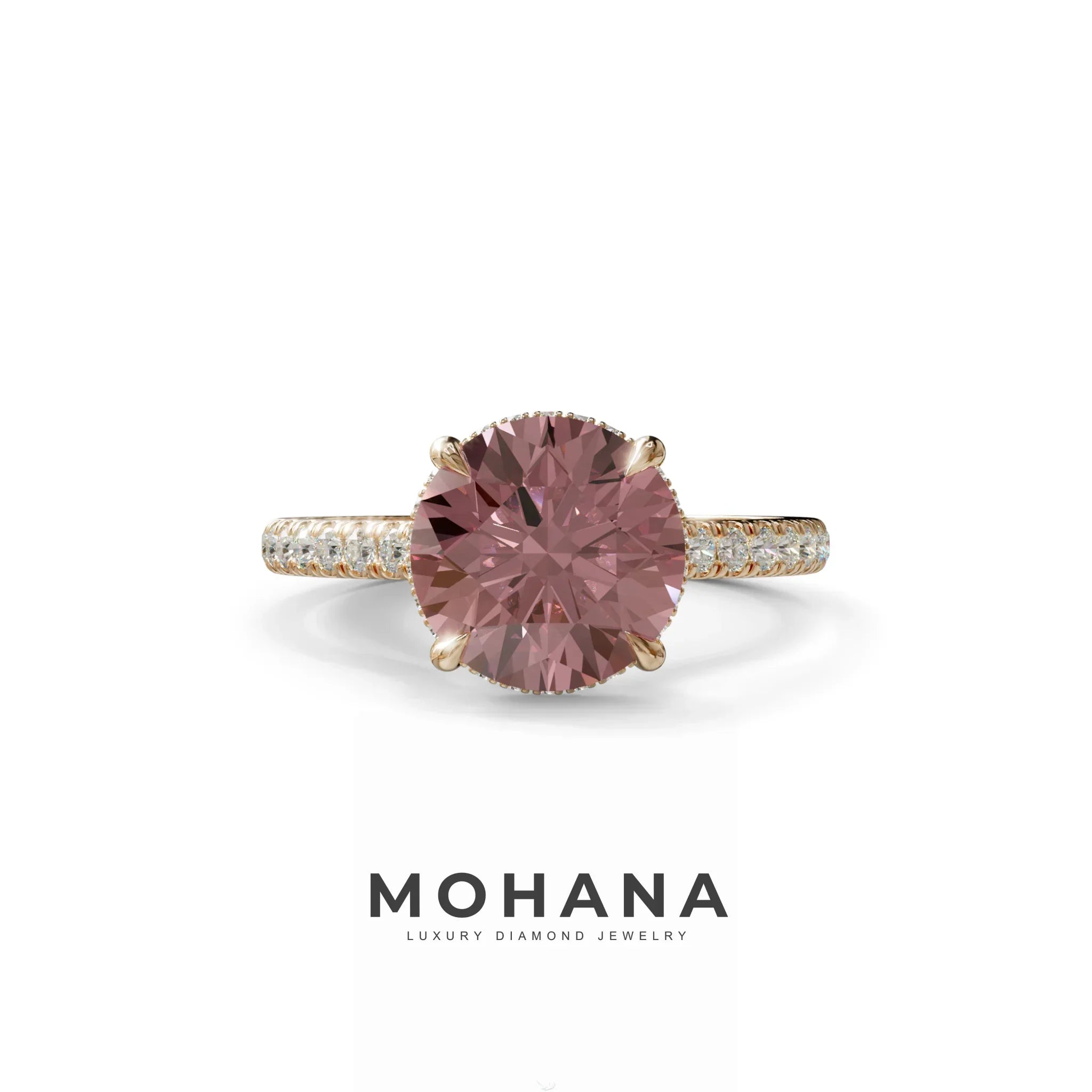 3 Carat Pink Round Cut Hidden Halo & Pave Setting Lab Diamond Ring - Eblouissant - 10K Solid Gold / Rose Gold