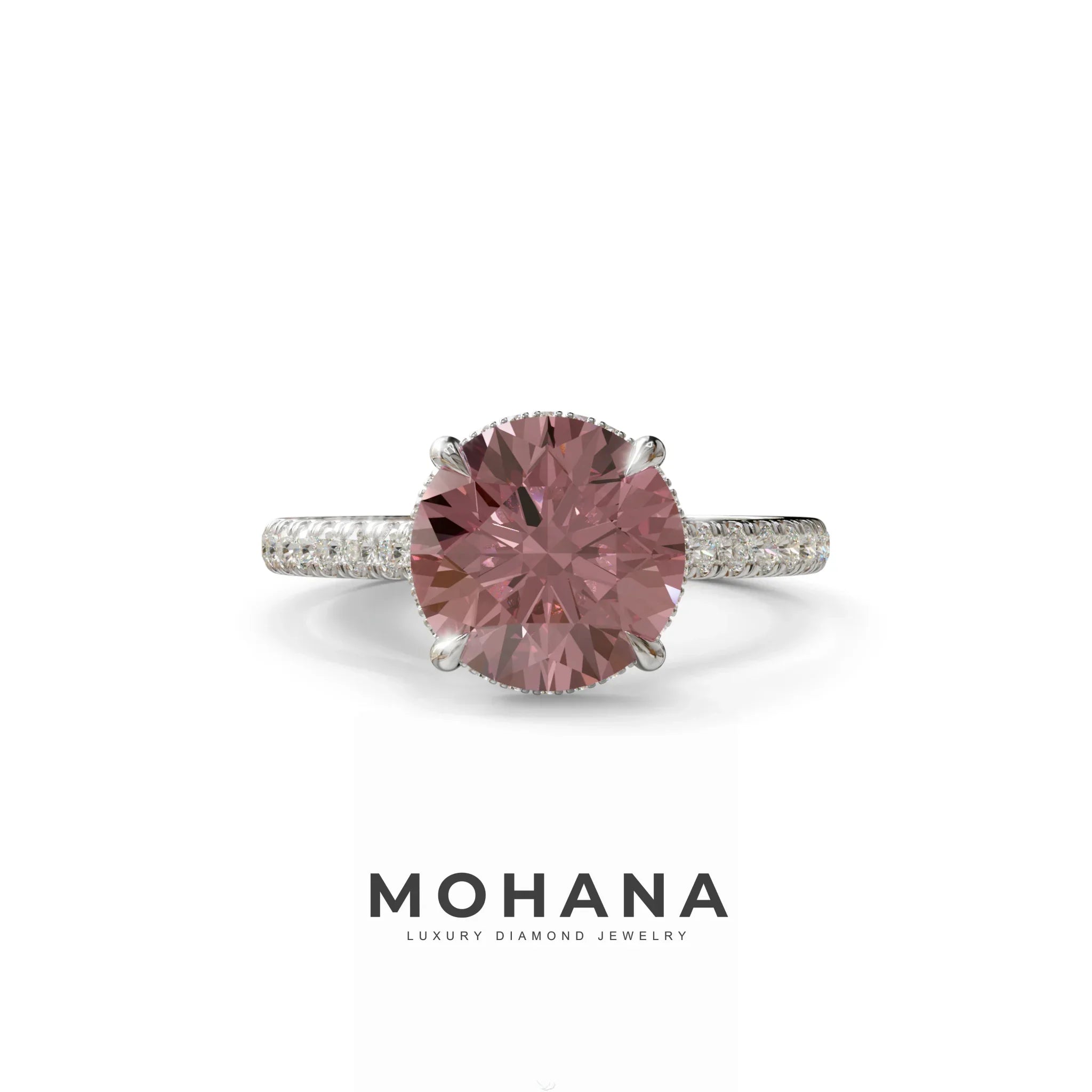 3 Carat Pink Round Cut Hidden Halo & Pave Setting Lab Diamond Ring - Eblouissant - 10K Solid Gold / White Gold