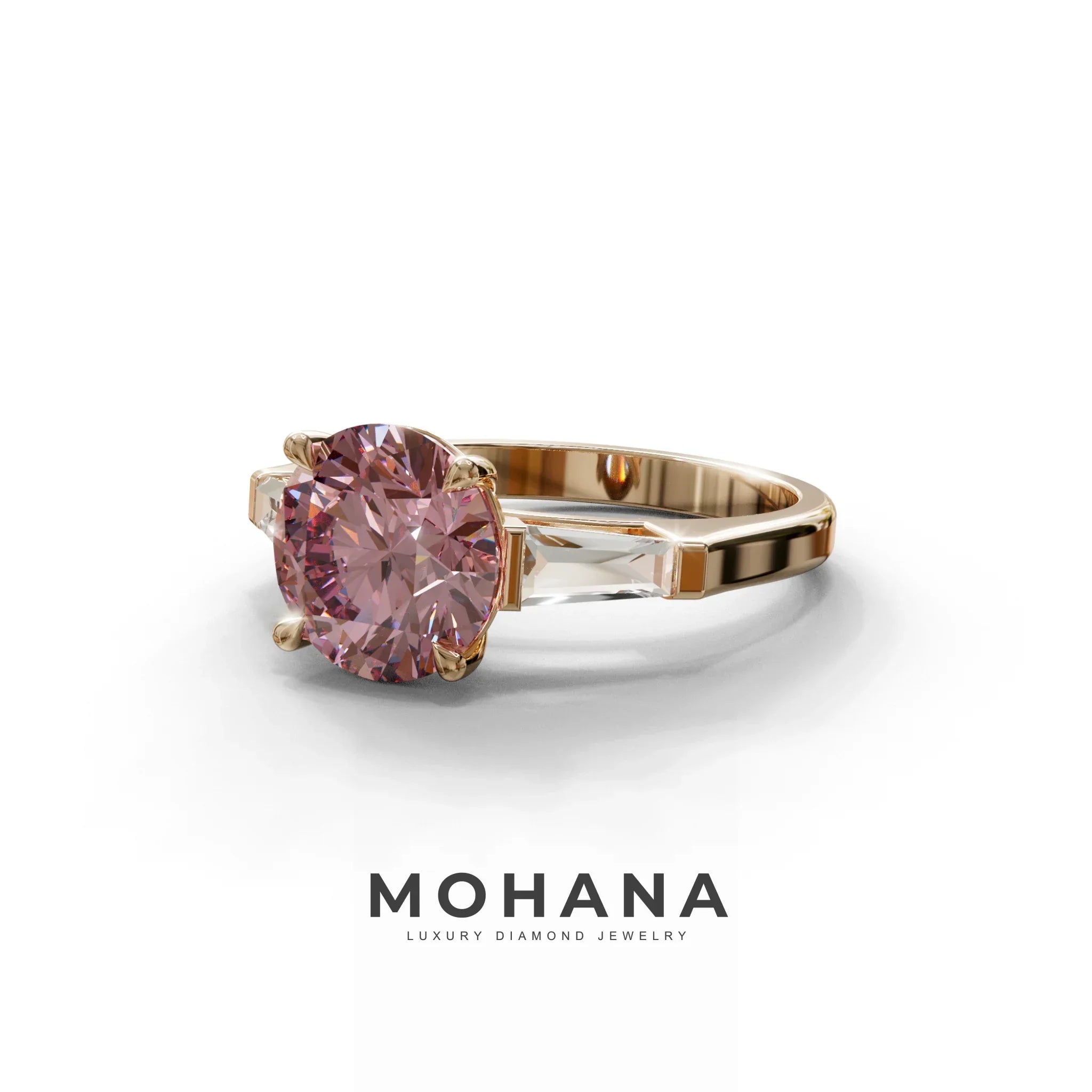 3 Carat Pink Round & Tapered Cut Multi Stone Lab Diamond Ring - Reflection